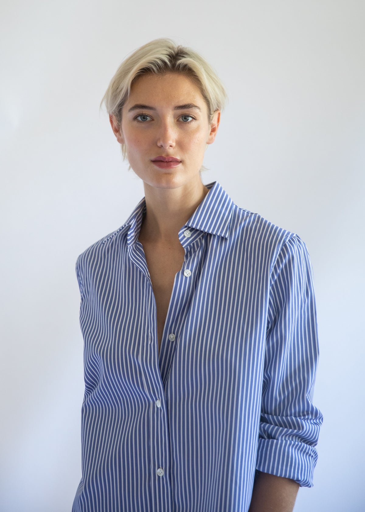 Gemma Button Up Shirt in Cornflower Stripe Cotton Poplin