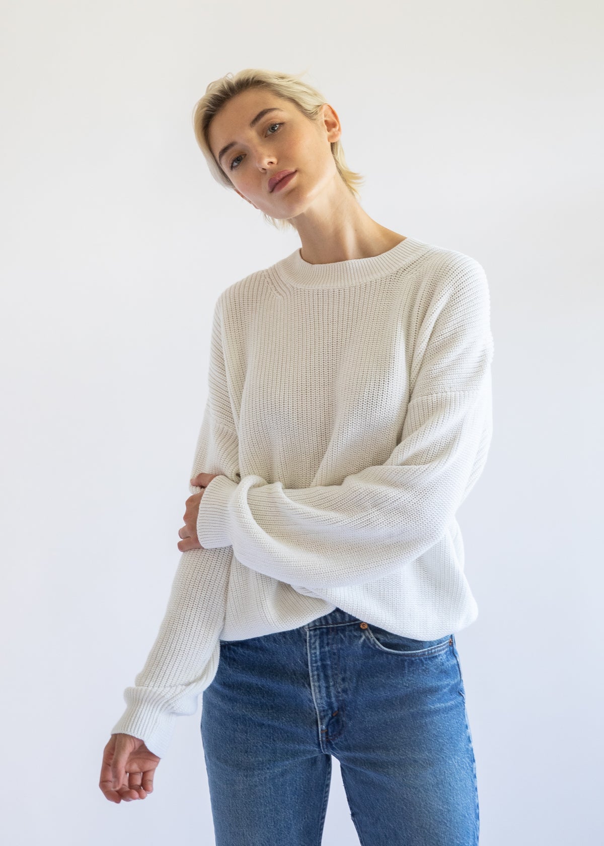 Fiorella Cotton Cashmere Crewneck Sweater in Pearl