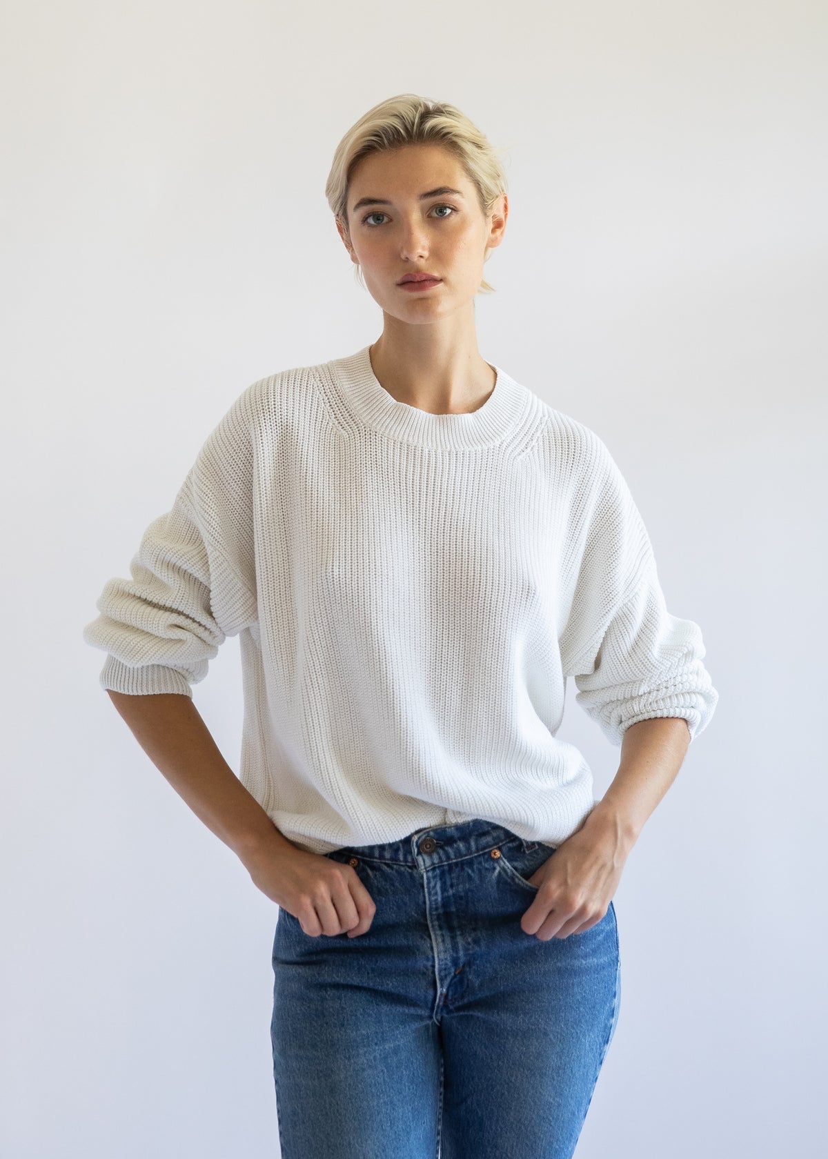 Fiorella Cotton Cashmere Crewneck Sweater in Pearl