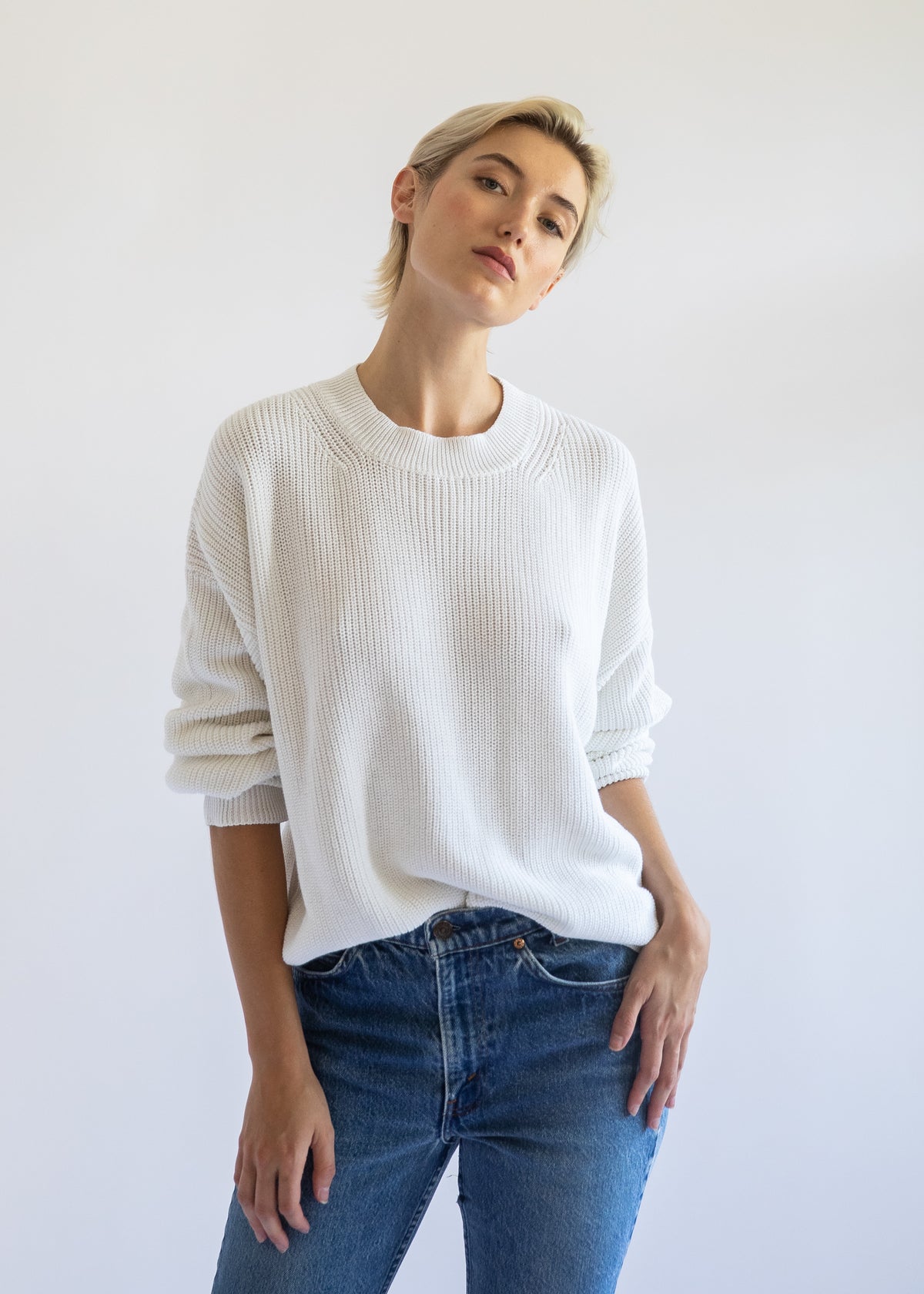 Fiorella Cotton Cashmere Crewneck Sweater in Pearl