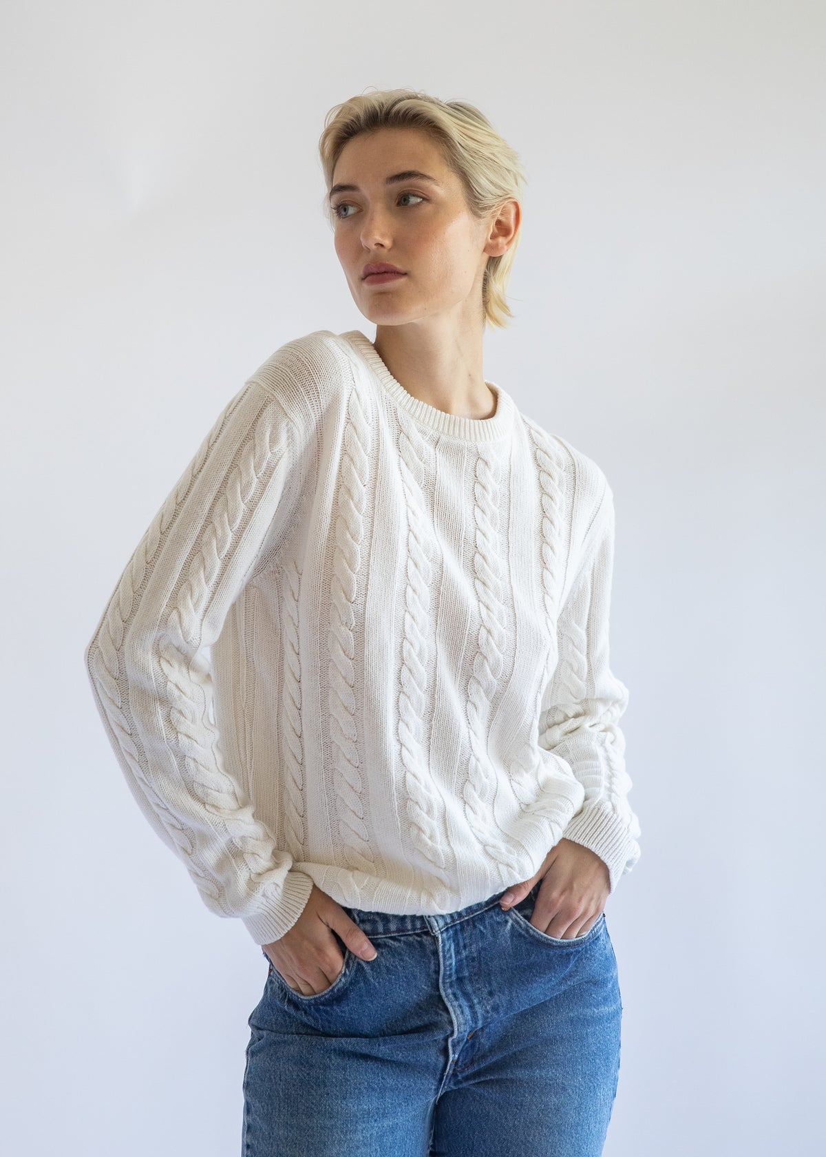 Daria Cable Knit Pullover in Winter White