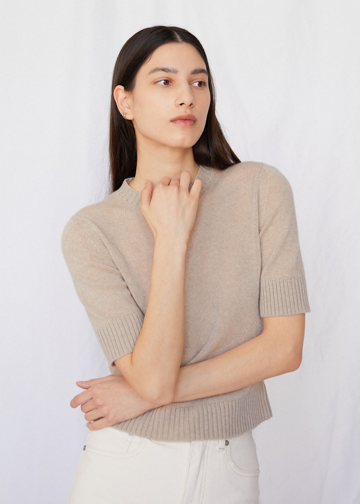 Cindy Short Sleeve Crewneck Cashmere Sweater in Wheat