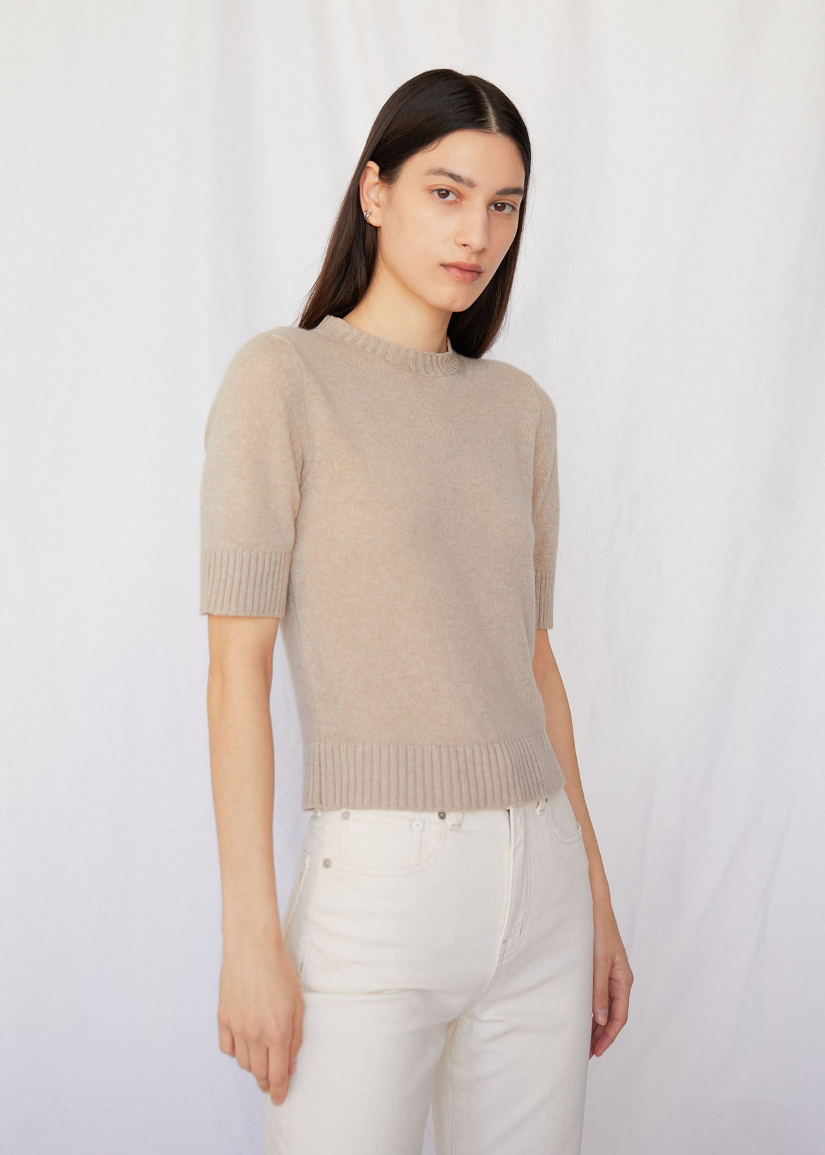 Cindy Short Sleeve Crewneck Cashmere Sweater in Wheat