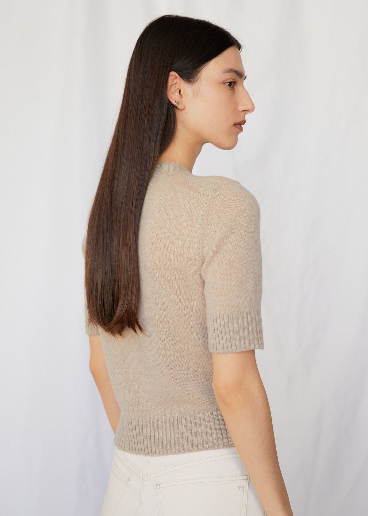 Cindy Short Sleeve Crewneck Cashmere Sweater in Wheat