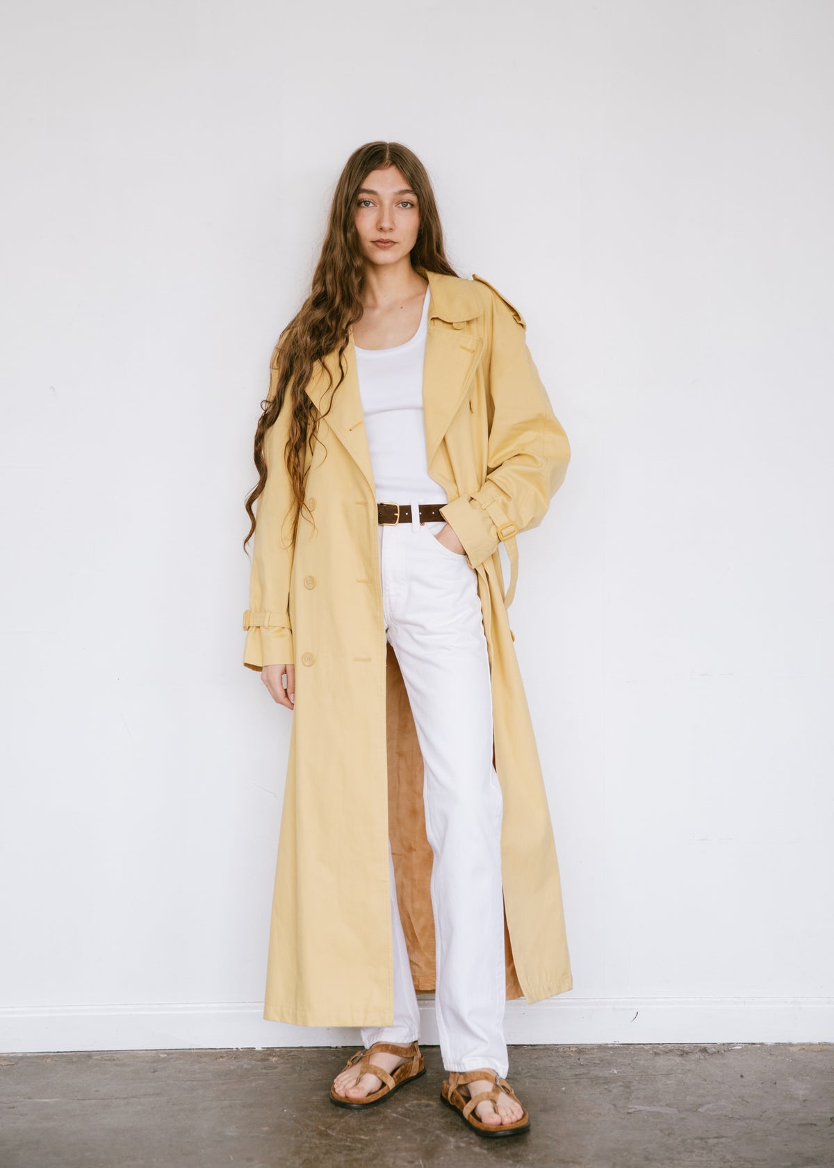 Vintage 1990s Oversized Belted Trench Coat in Butter Yellow