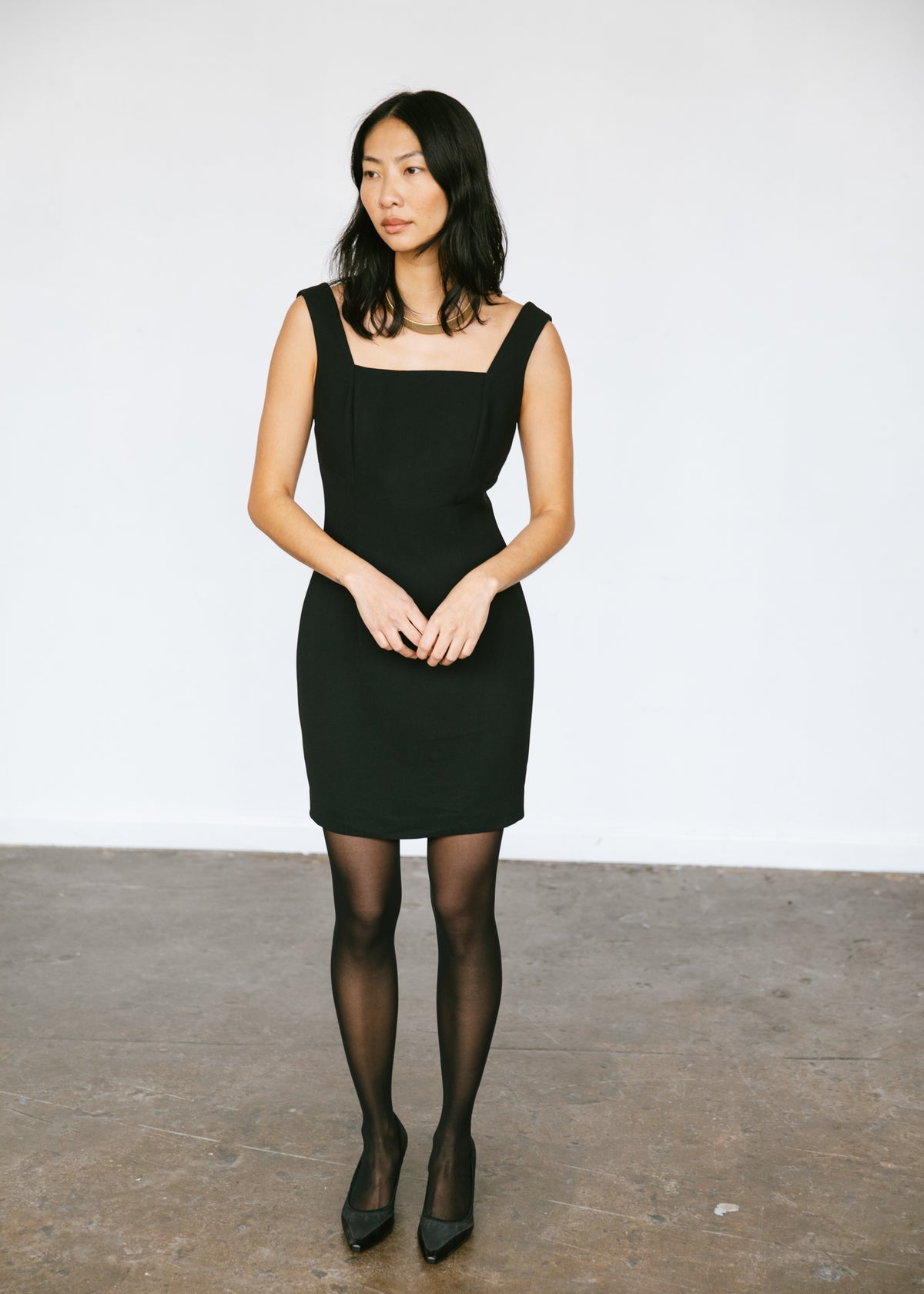 Vintage 1990s minimalist little black dress with square neckline in black