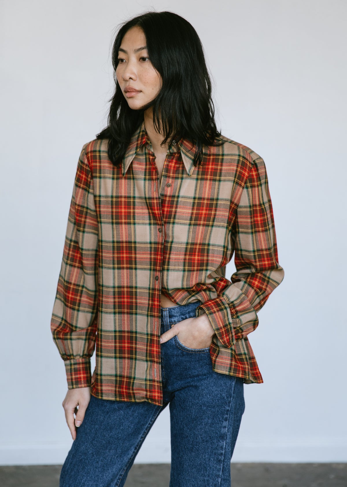 Vintage 1970s Calvin Klein Plaid Button Down Shirt in Red Brown