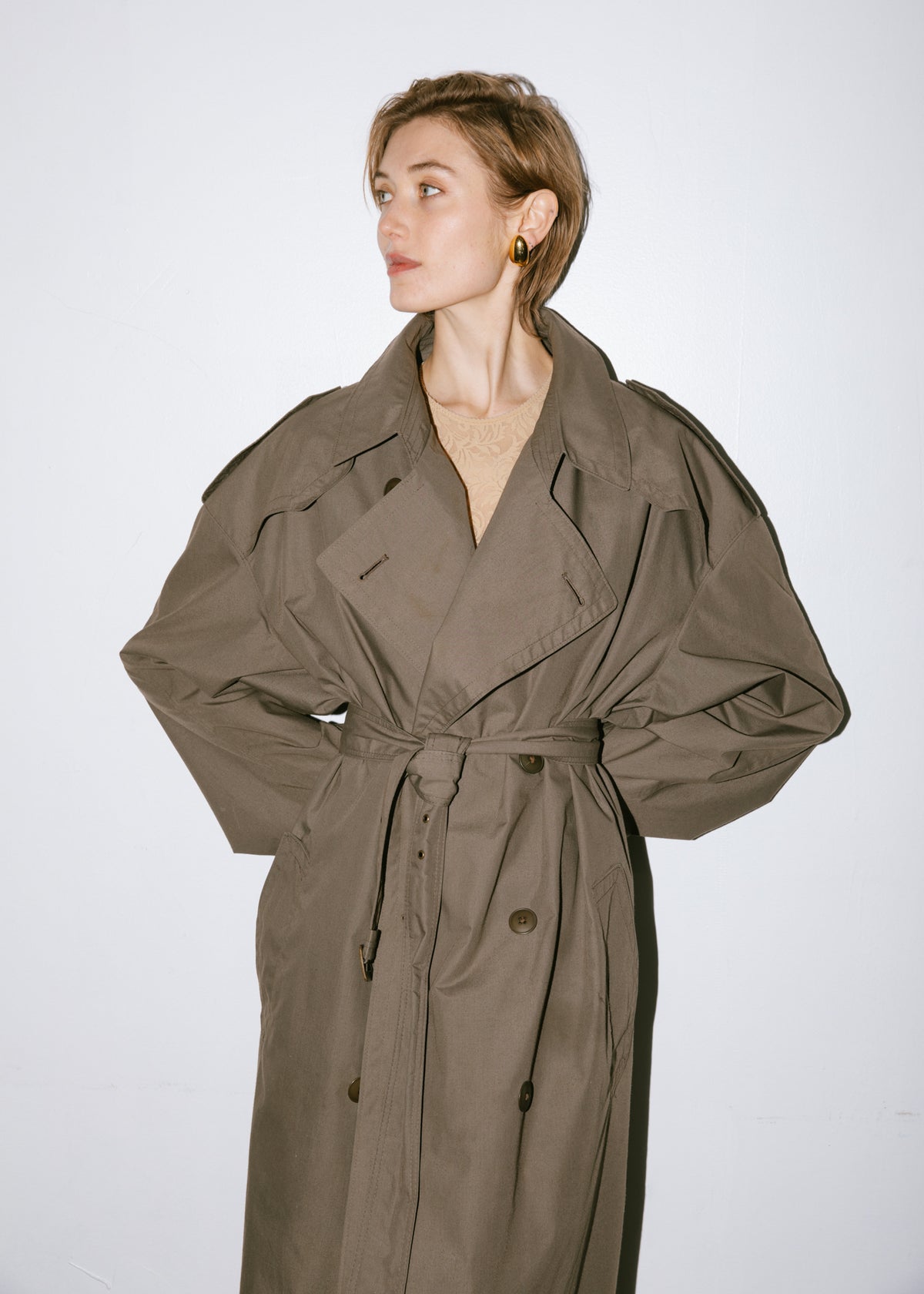 Vintage 1990s Christian Dior Oversized Belted Rain Trench Coat in Olive Grey