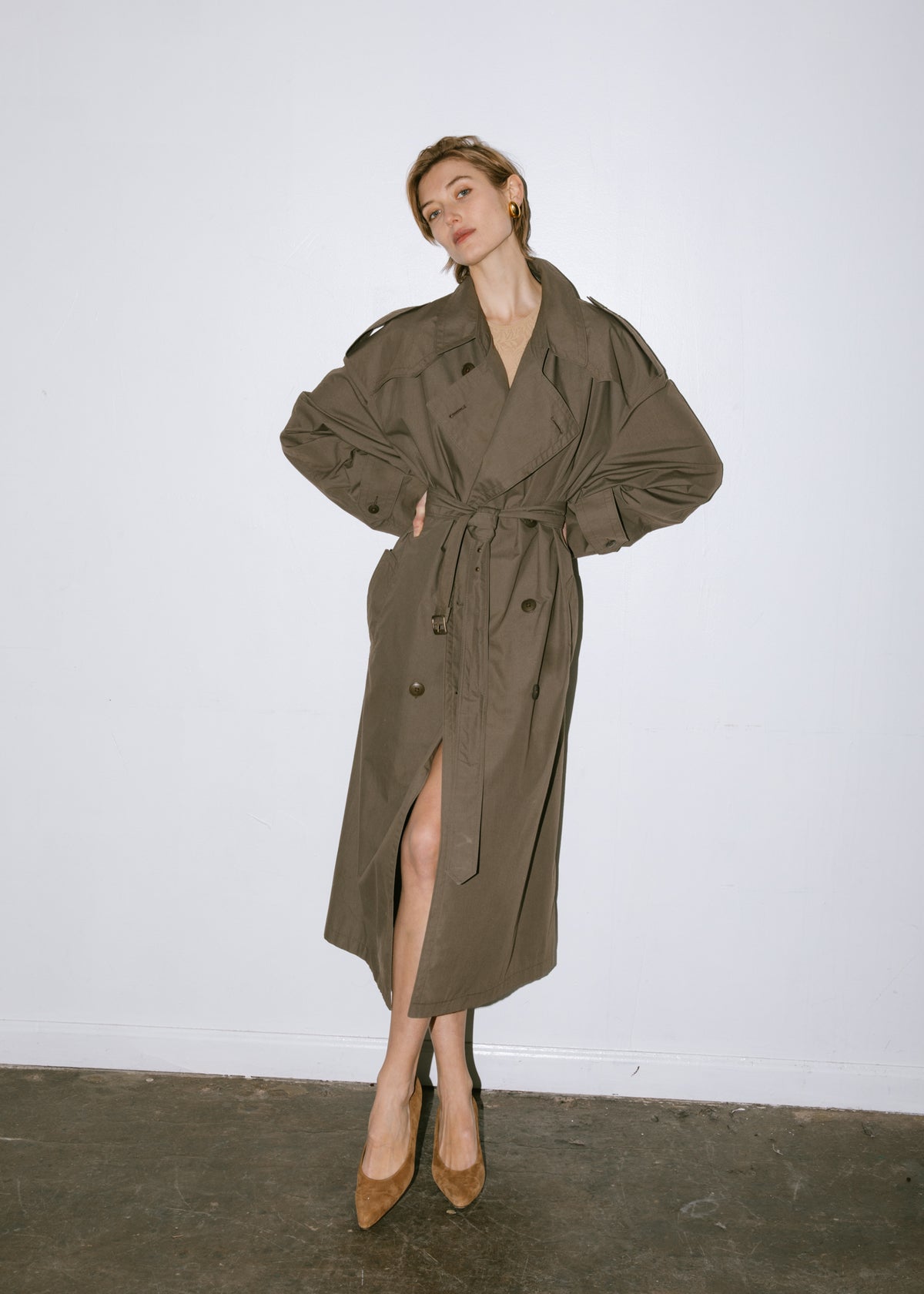 Vintage 1990s Christian Dior Oversized Belted Rain Trench Coat in Olive Grey