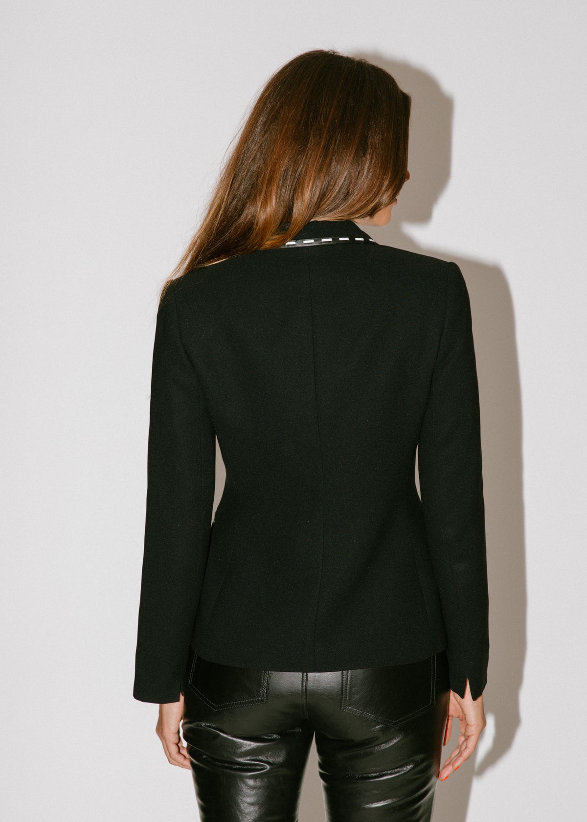 Vintage Black Fitted Blazer With Leather Stitched Trim