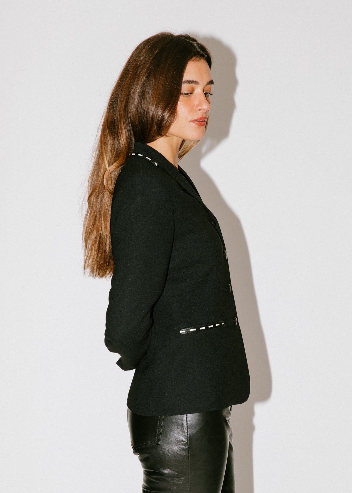 Vintage Black Fitted Blazer With Leather Stitched Trim
