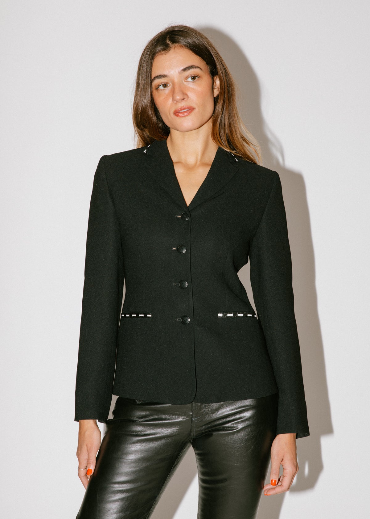 Vintage Black Fitted Blazer With Leather Stitched Trim