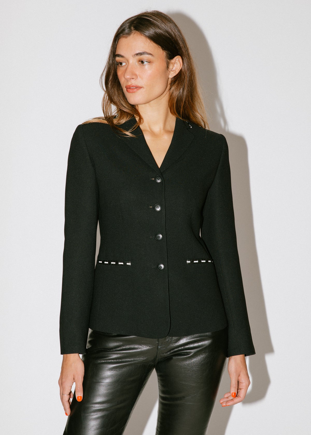 Vintage Black Fitted Blazer With Leather Stitched Trim