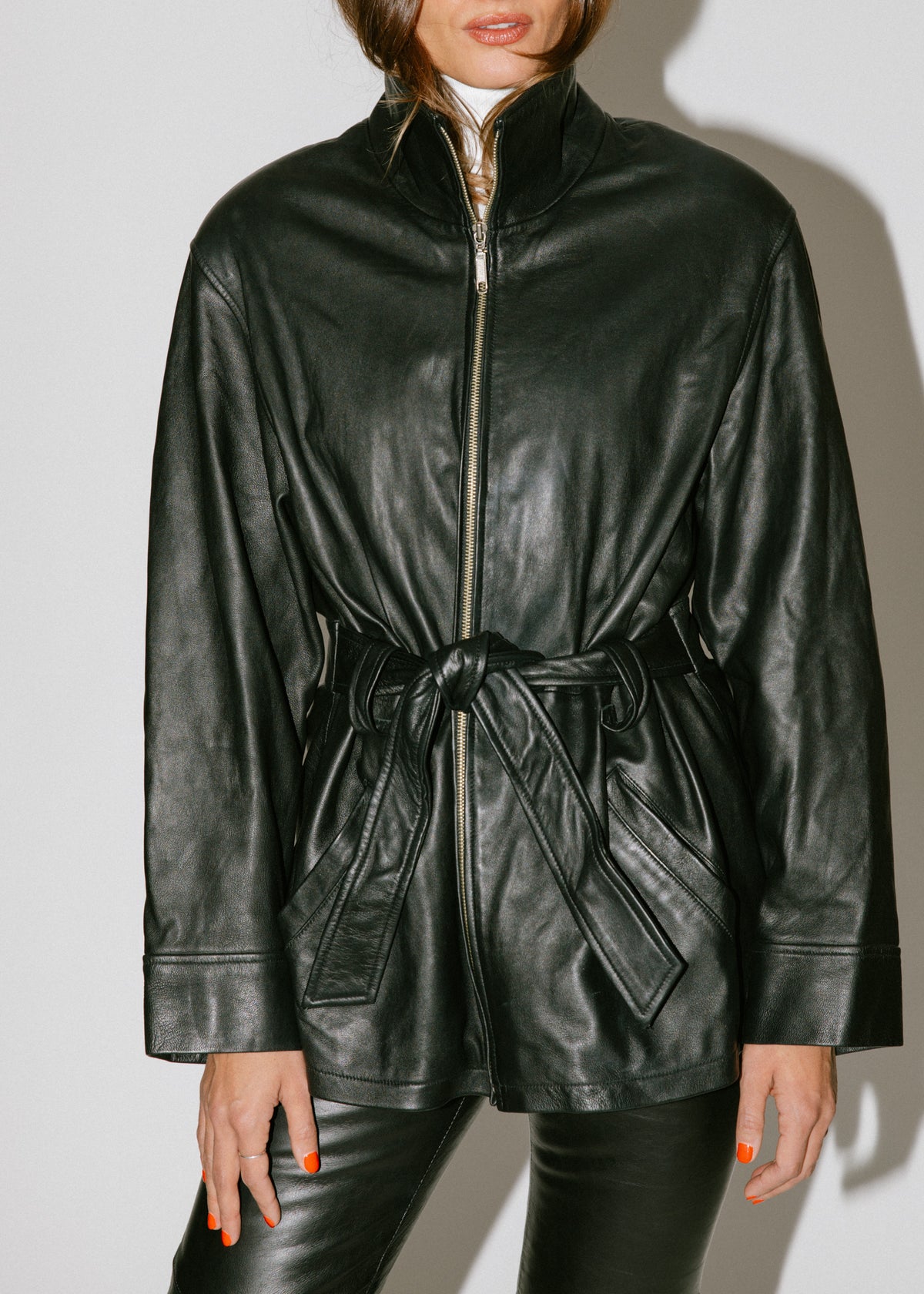 Vintage Black Leather Tie Belted Jacket