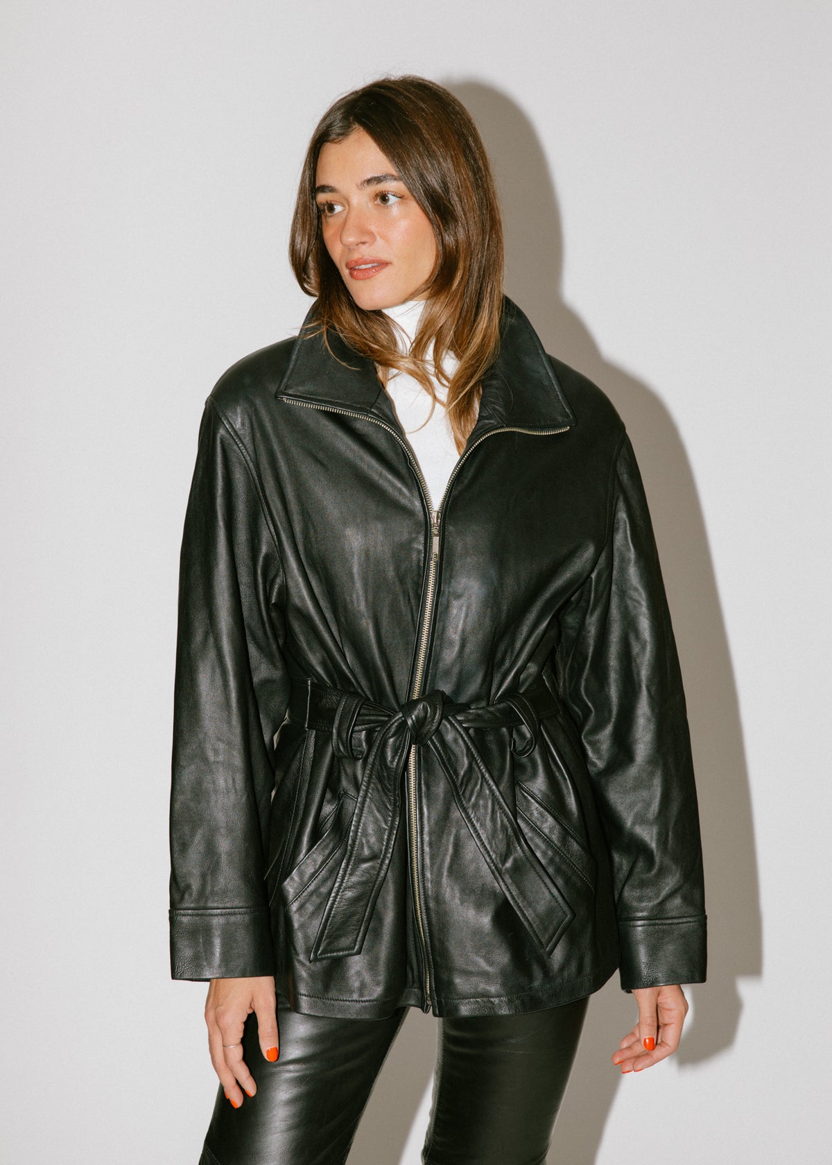 Vintage Black Leather Tie Belted Jacket