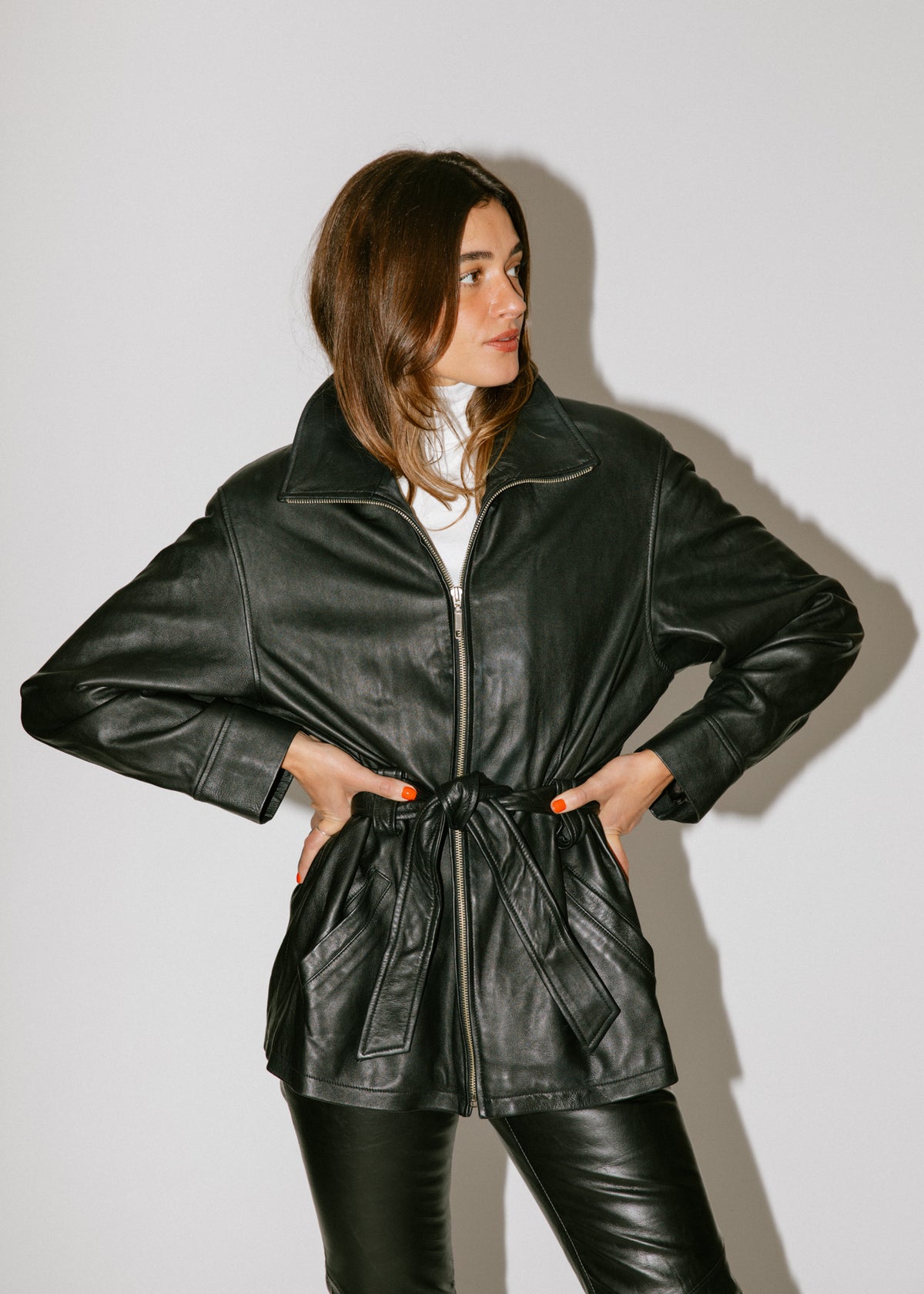 Vintage Black Leather Tie Belted Jacket