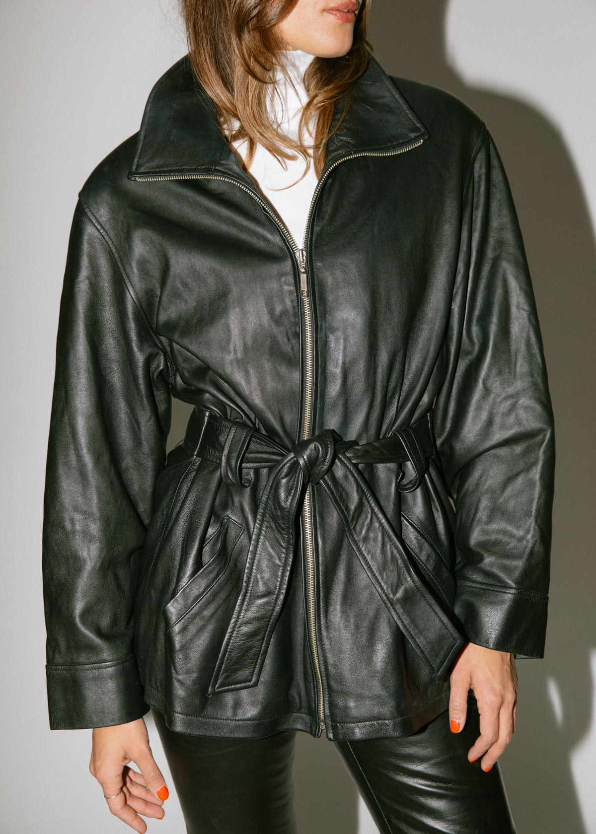 Vintage Black Leather Tie Belted Jacket