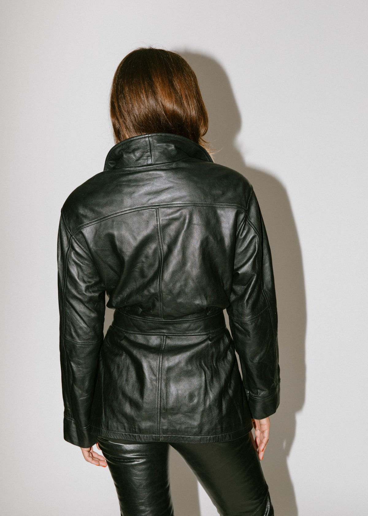 Vintage Black Leather Tie Belted Jacket