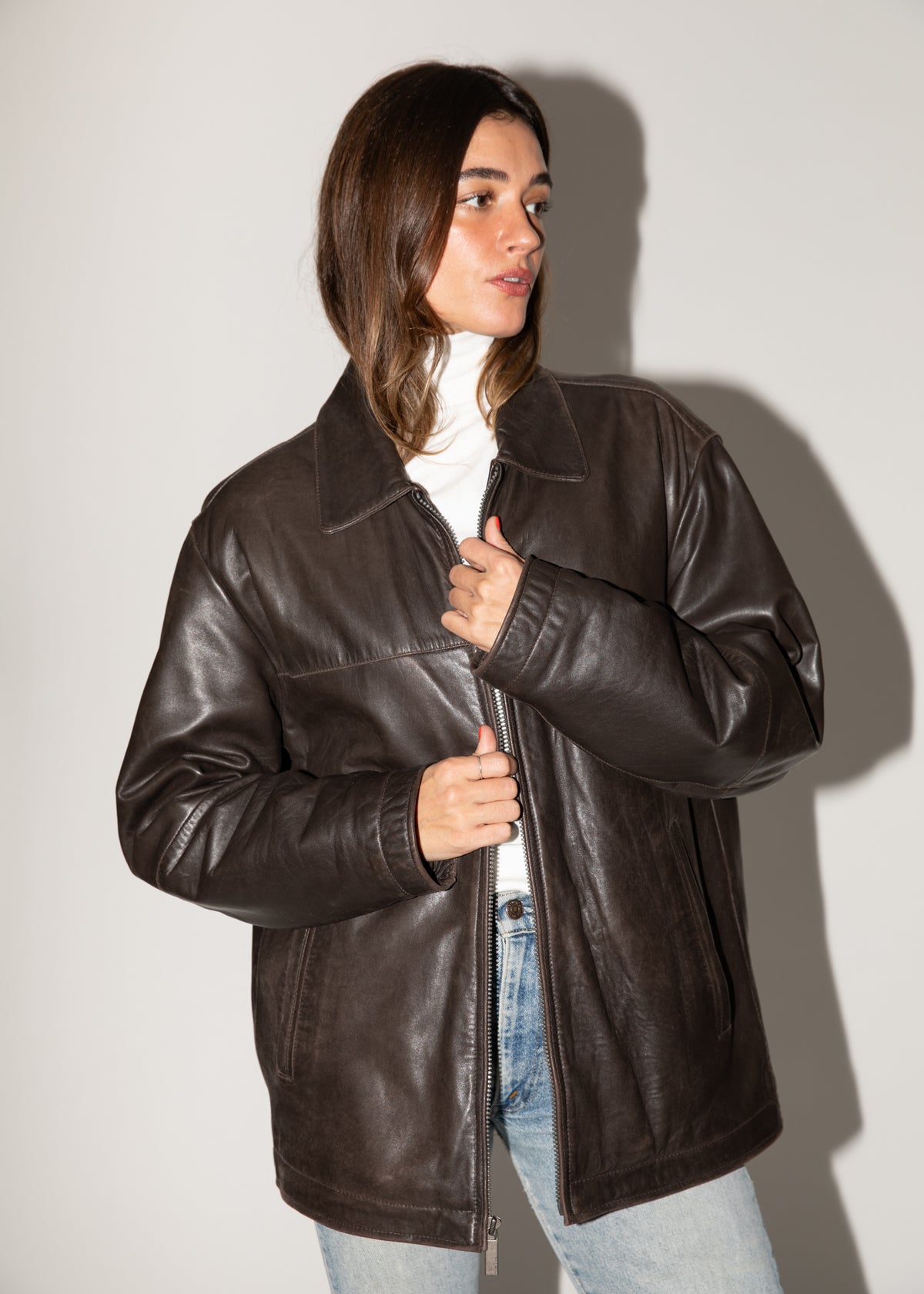 Vintage Perry Ellis Oversized Brown Leather Jacket