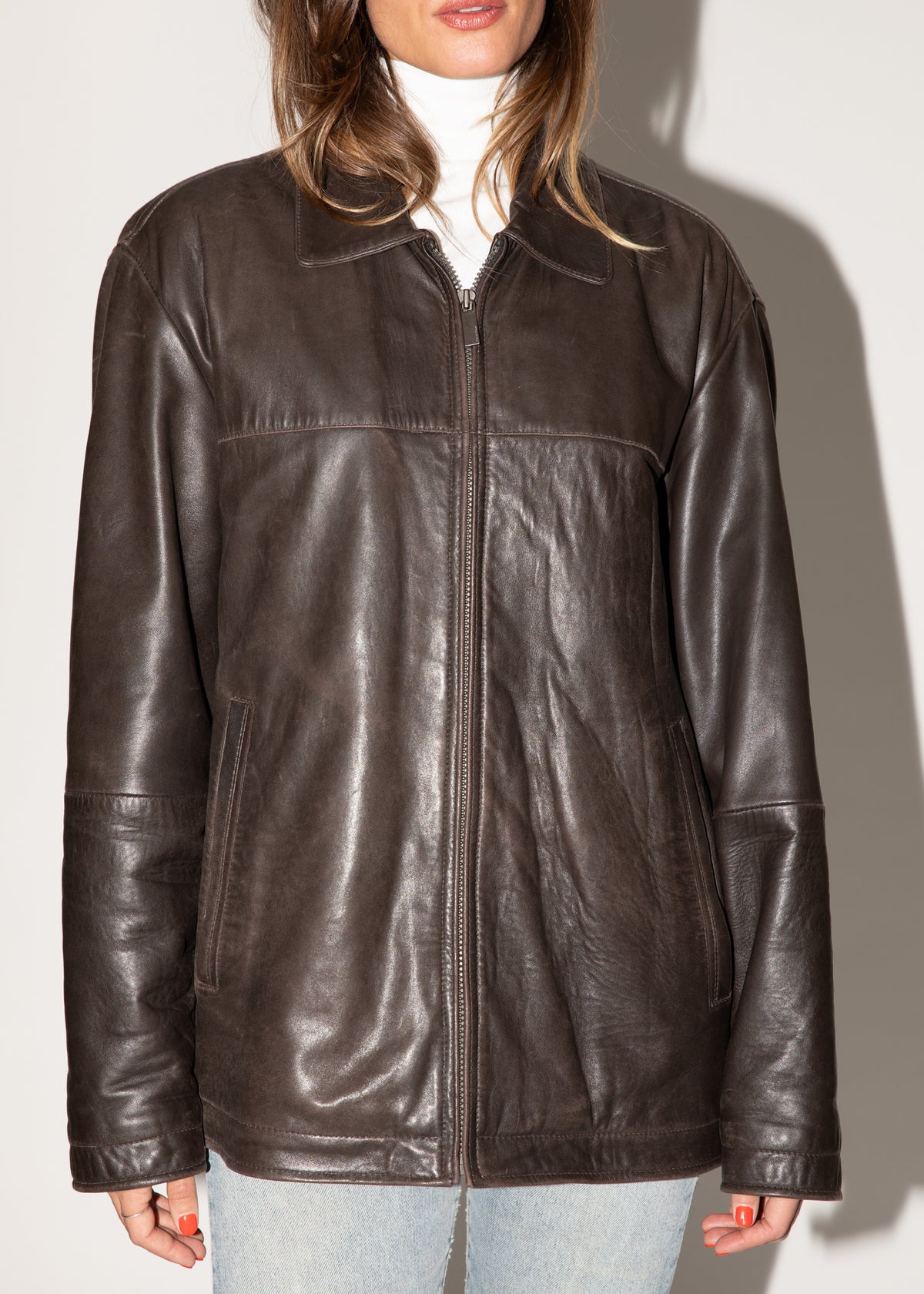 Vintage Perry Ellis Oversized Brown Leather Jacket