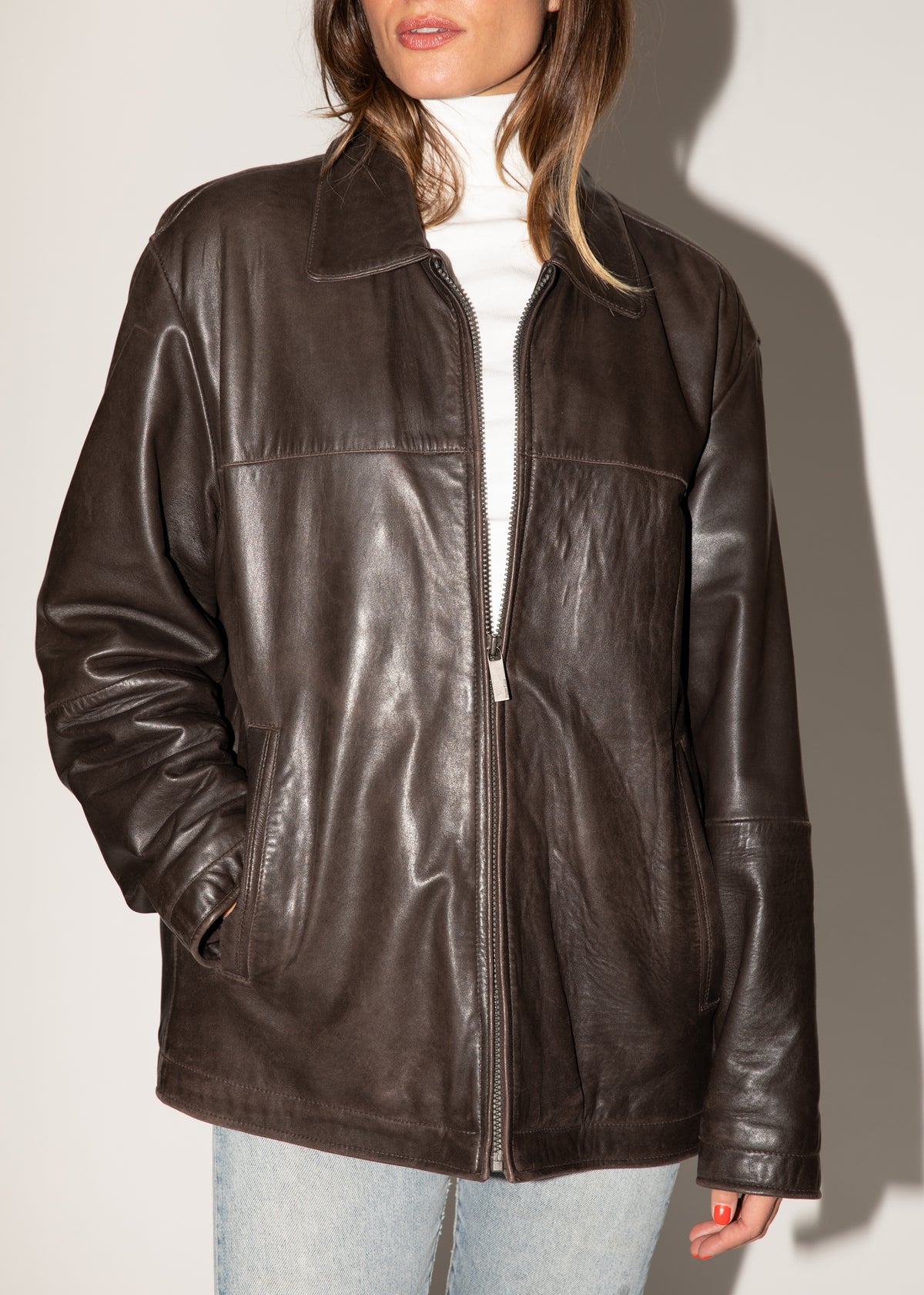 Vintage Perry Ellis Oversized Brown Leather Jacket