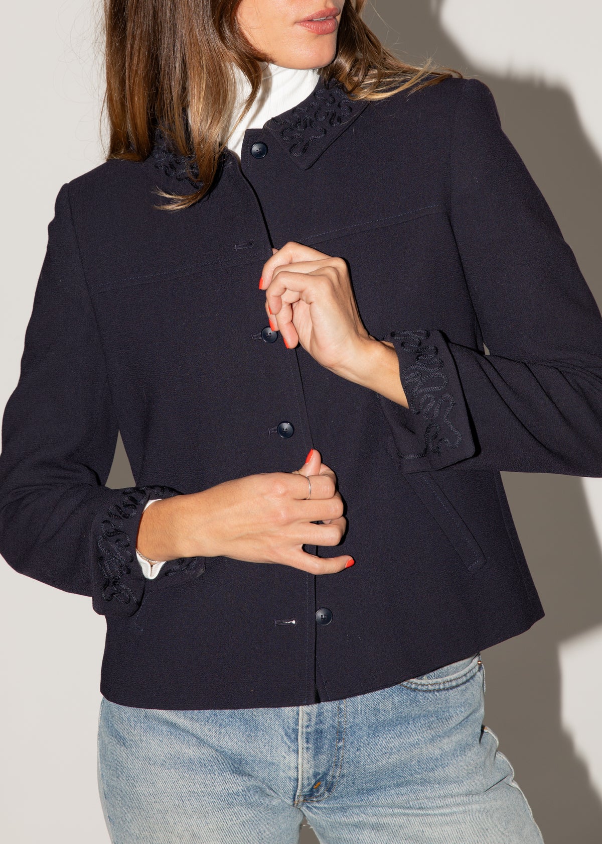 Vintage Jaeger Navy Wool Jacket with Soutache Embroidery