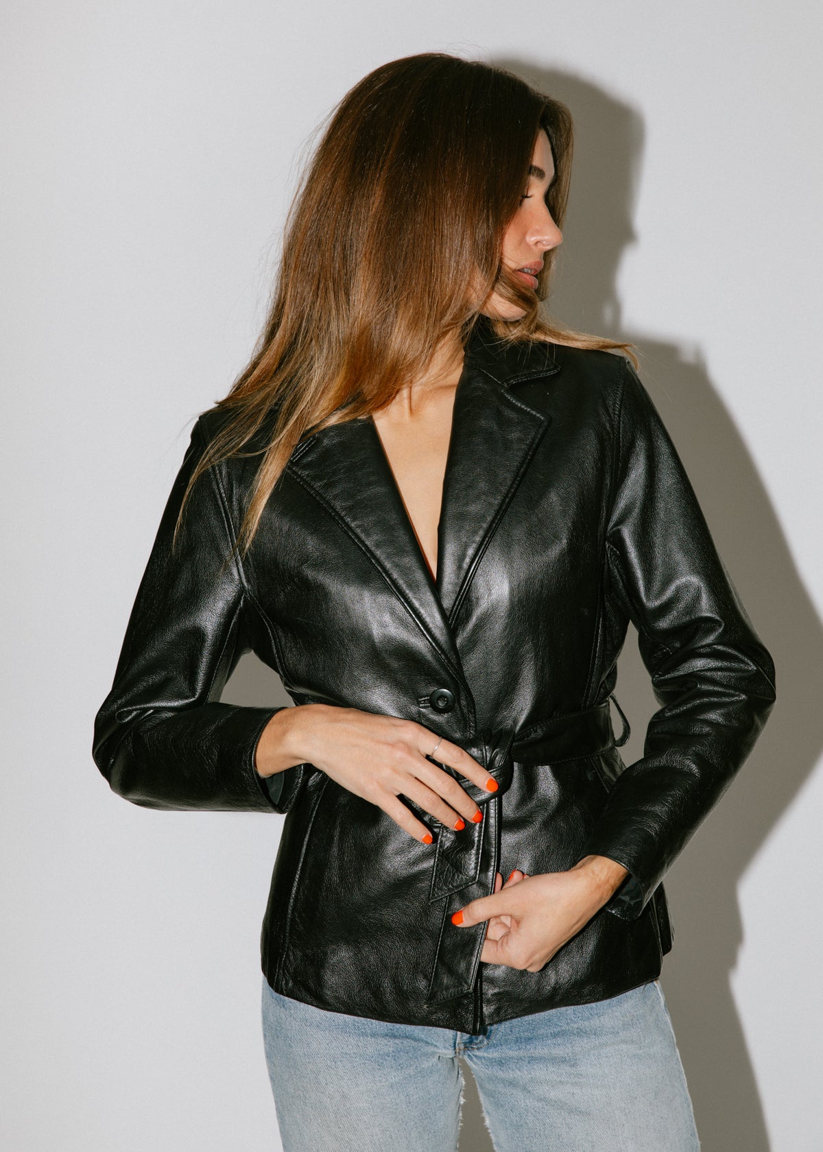 Vintage Black Leather Belted Jacket