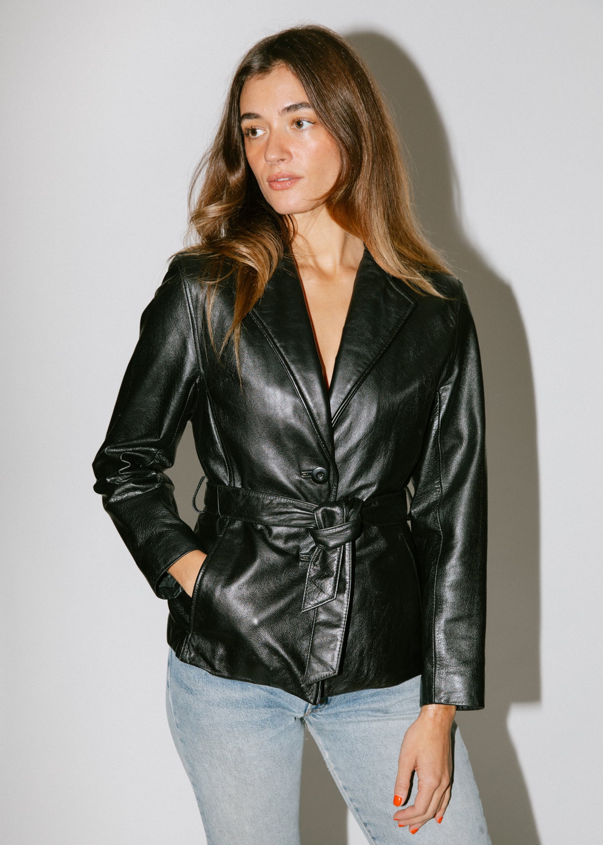 Vintage Black Leather Belted Jacket