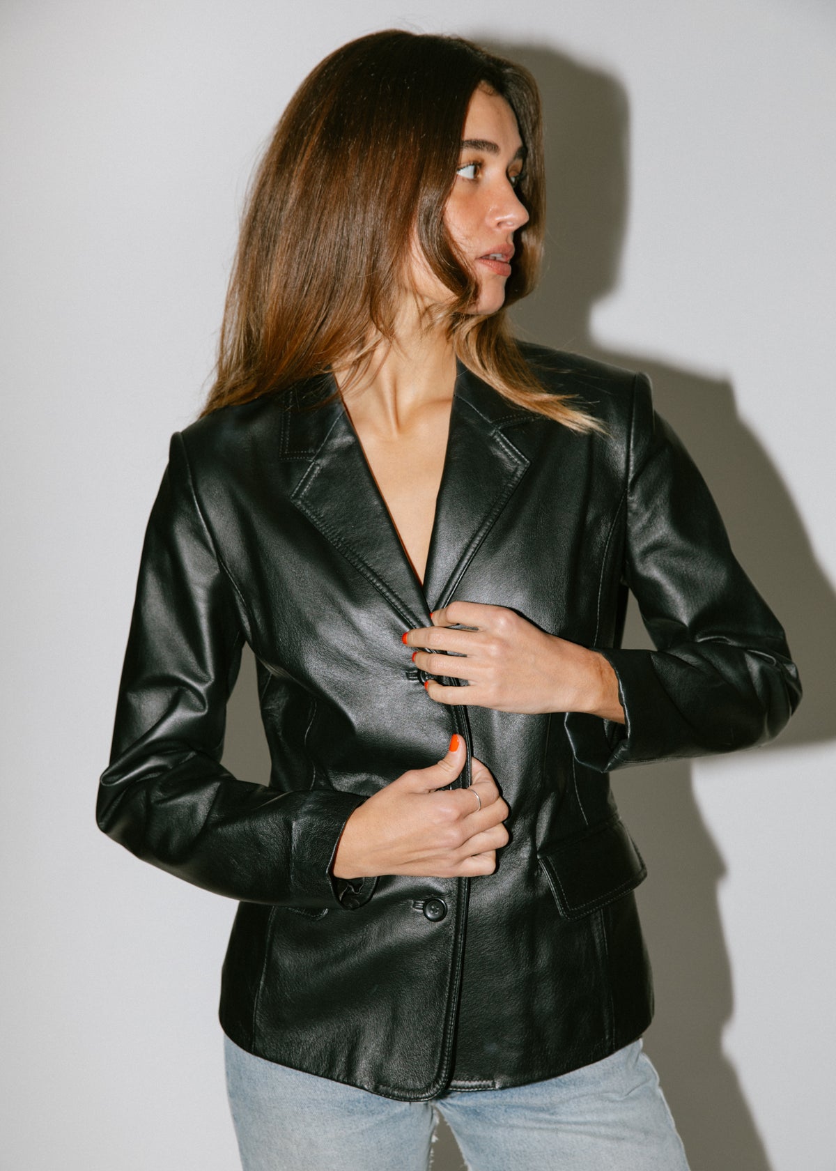 Vintage Black Leather Fitted Blazer Jacket