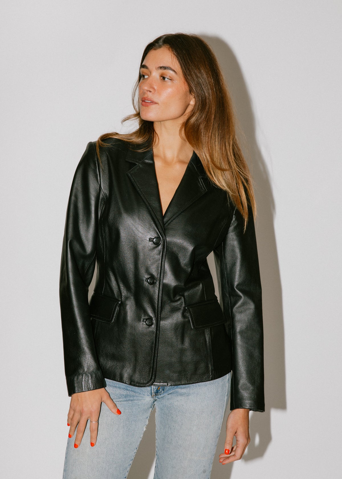 Vintage Black Leather Fitted Blazer Jacket