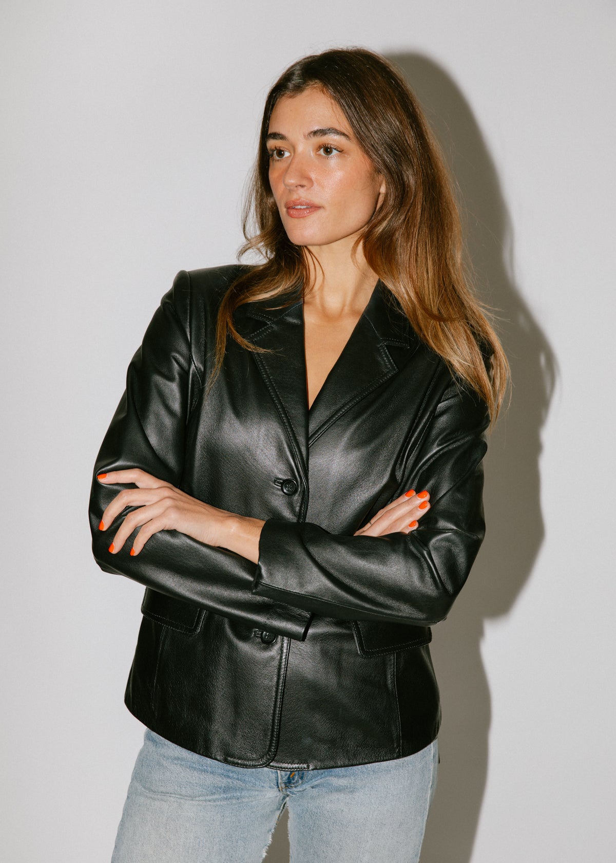 Vintage Black Leather Fitted Blazer Jacket