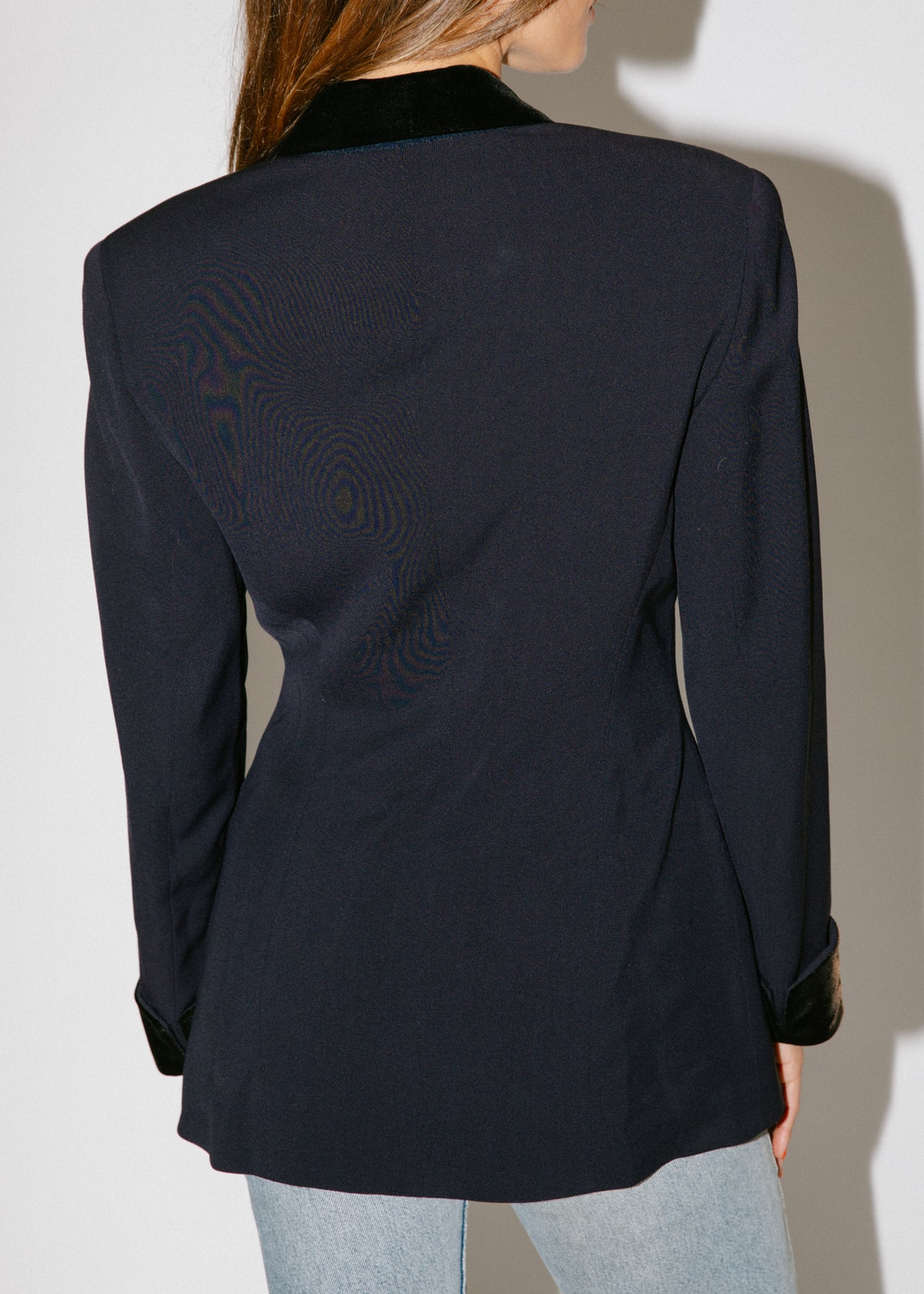 Vintage 1990s DKNY Navy Double Breasted Blazer with Velvet Trim