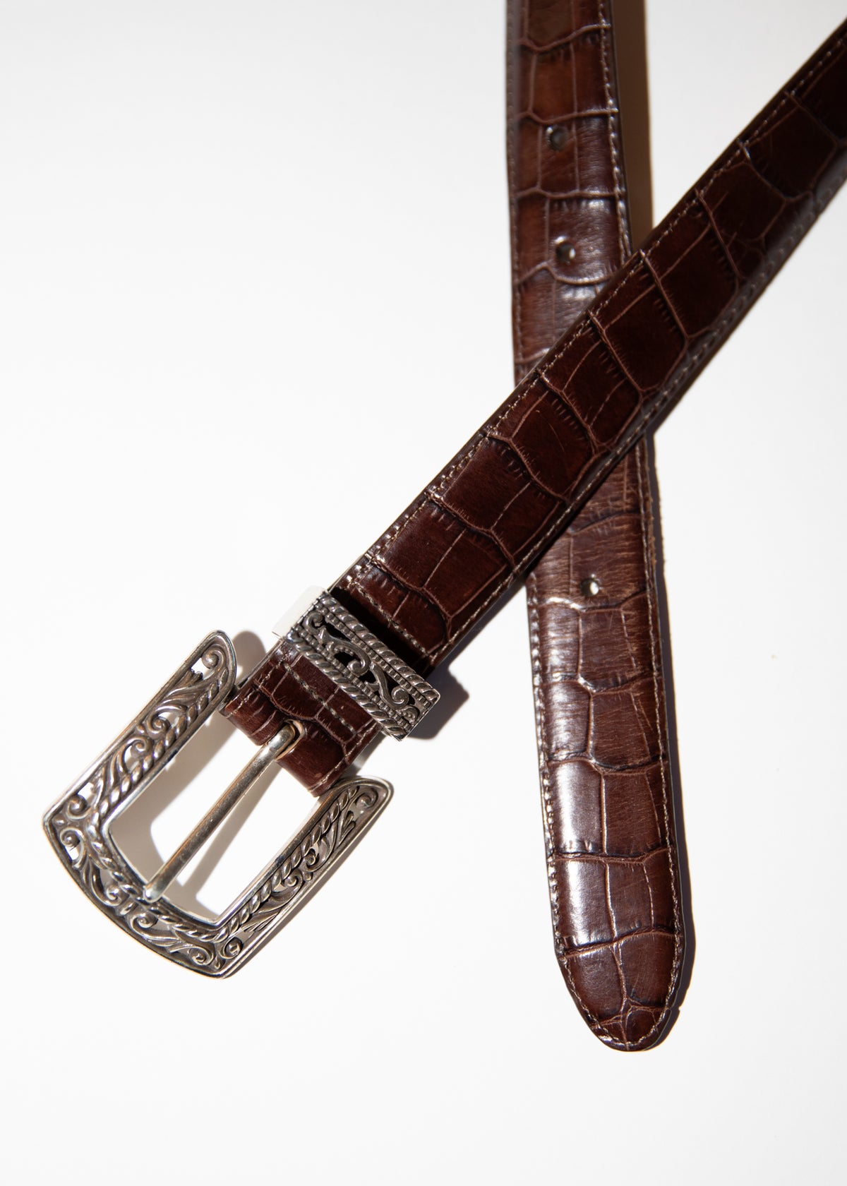 Vintage Brown Croc Leather Belt With Silver Western Buckle