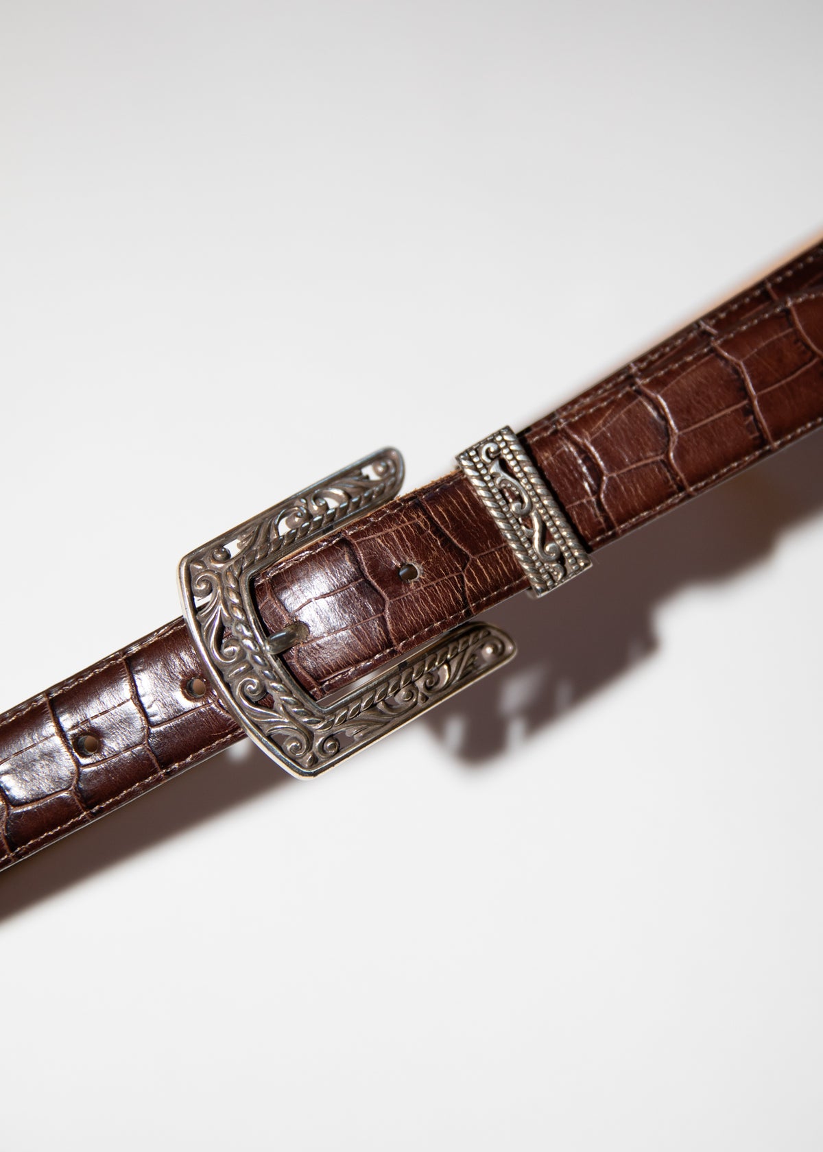 Vintage Brown Croc Leather Belt With Silver Western Buckle
