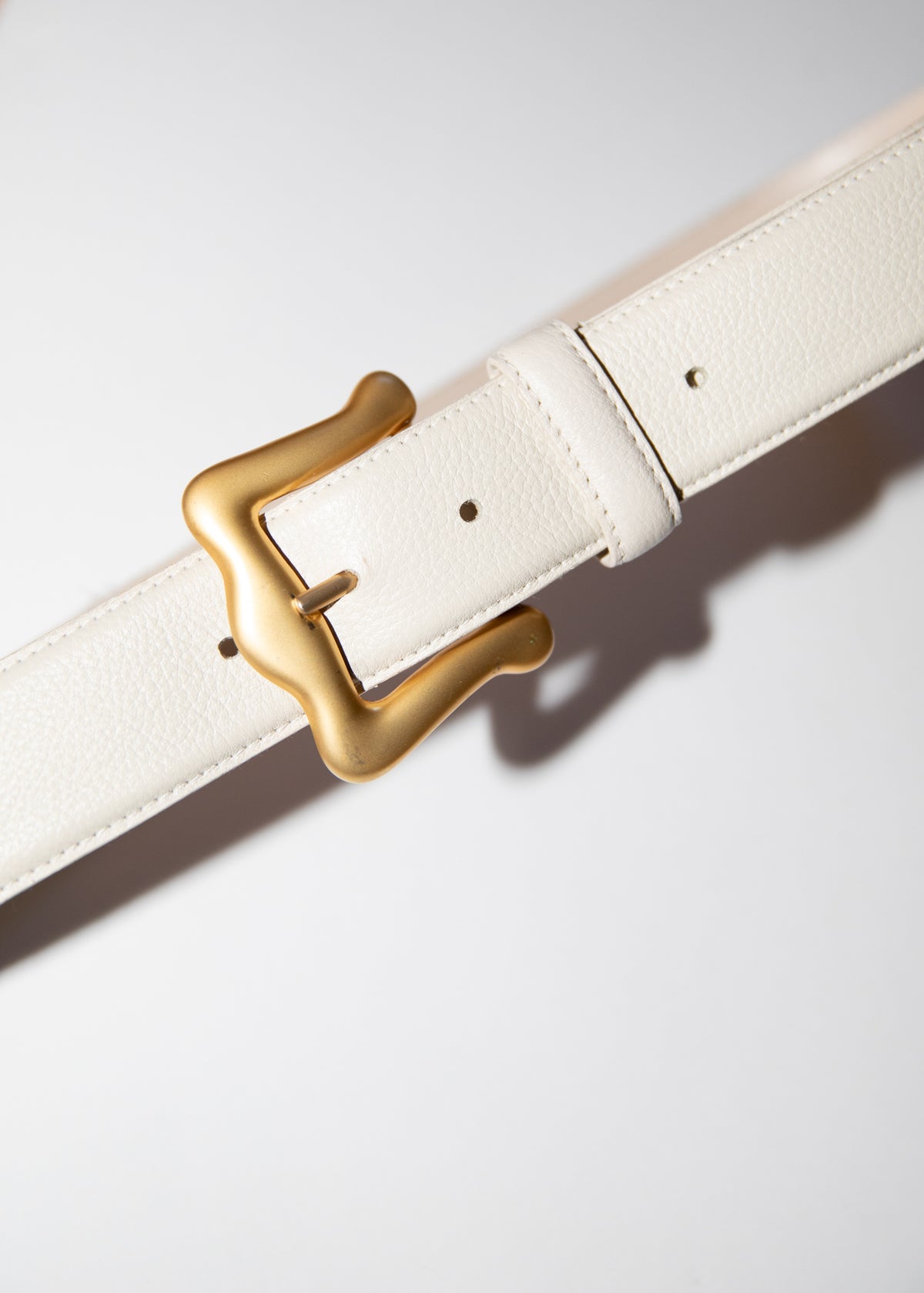 Vintage Ivory Leather Belt With Gold Sculptural Buckle