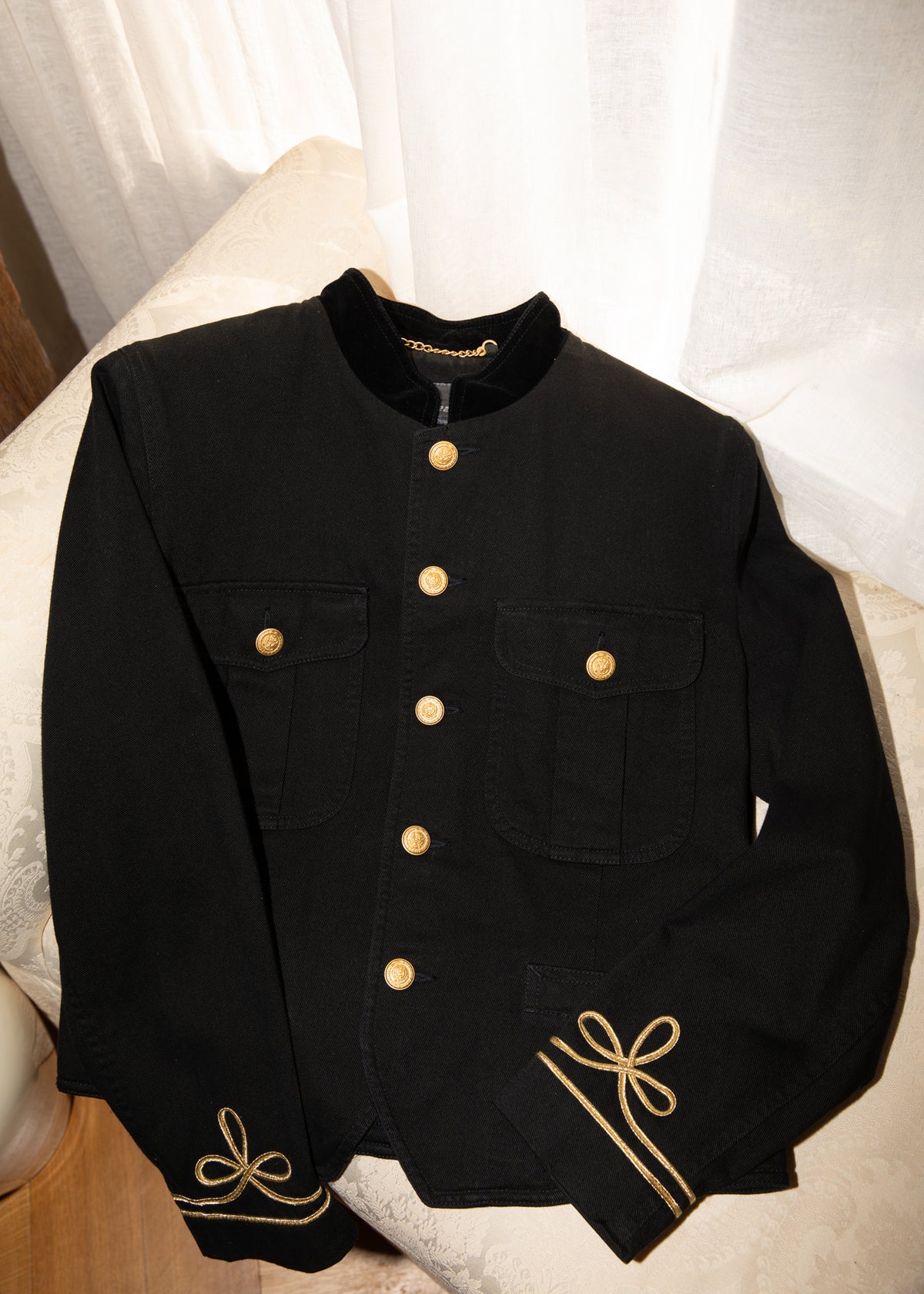 Vintage Black Cotton Military Jacket with Gold Embroidery