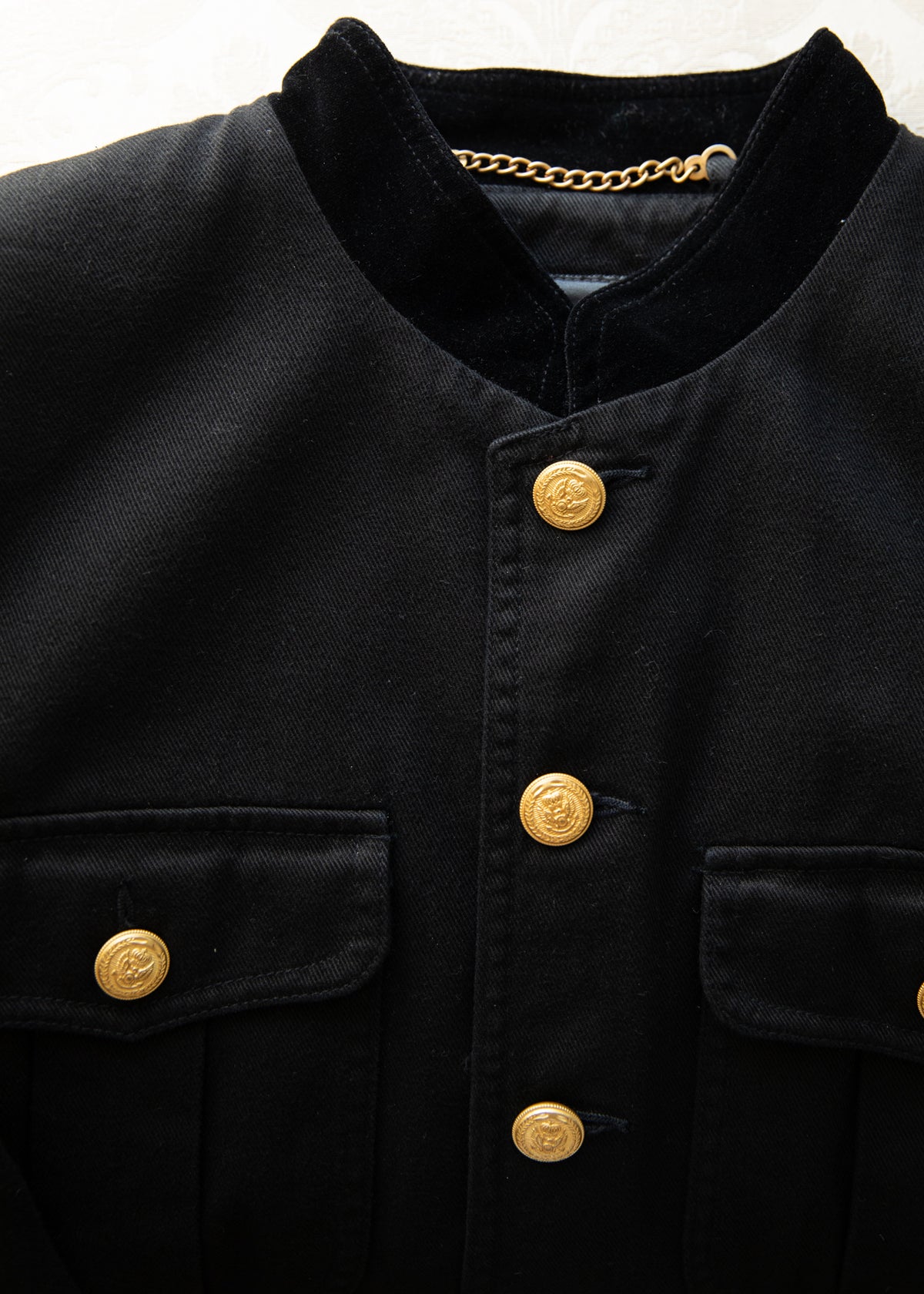 Vintage Black Cotton Military Jacket with Gold Embroidery