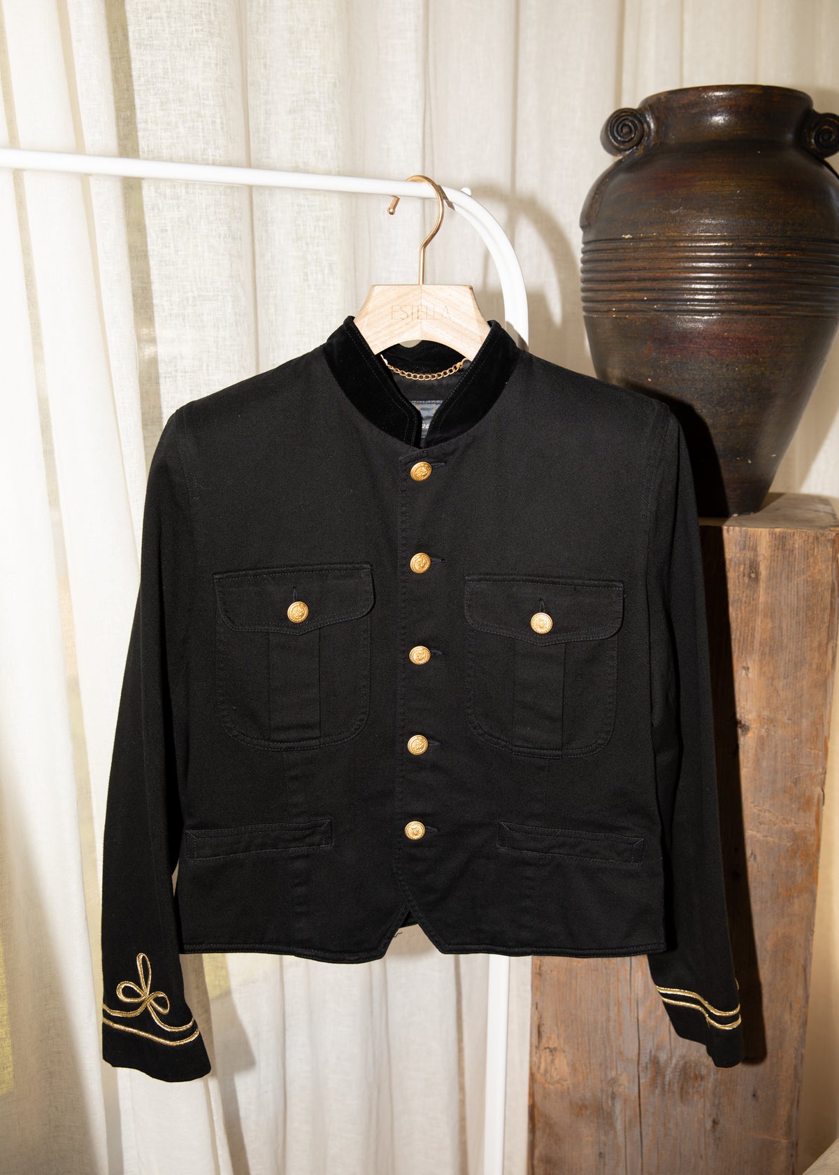 Vintage Black Cotton Military Jacket with Gold Embroidery