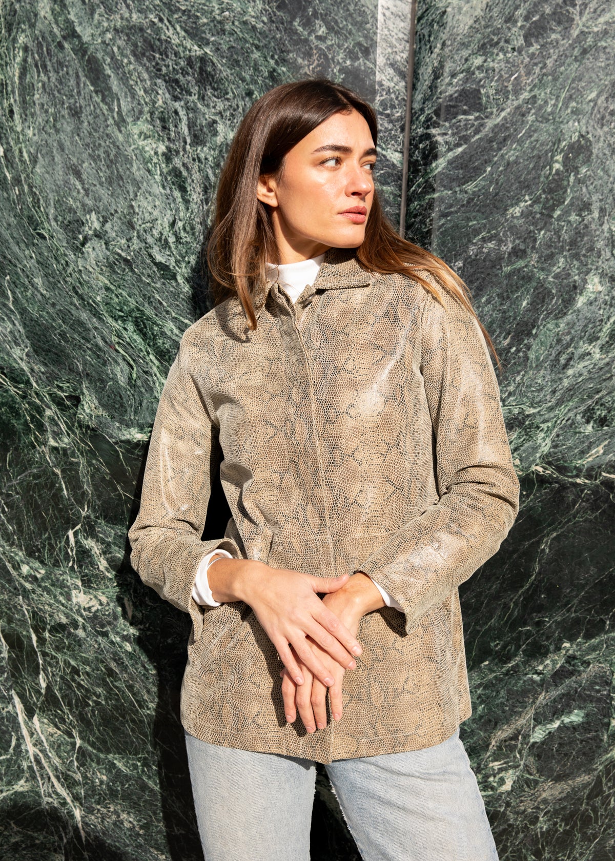 Vintage Y2K Embossed Leather Jacket in Taupe Snake