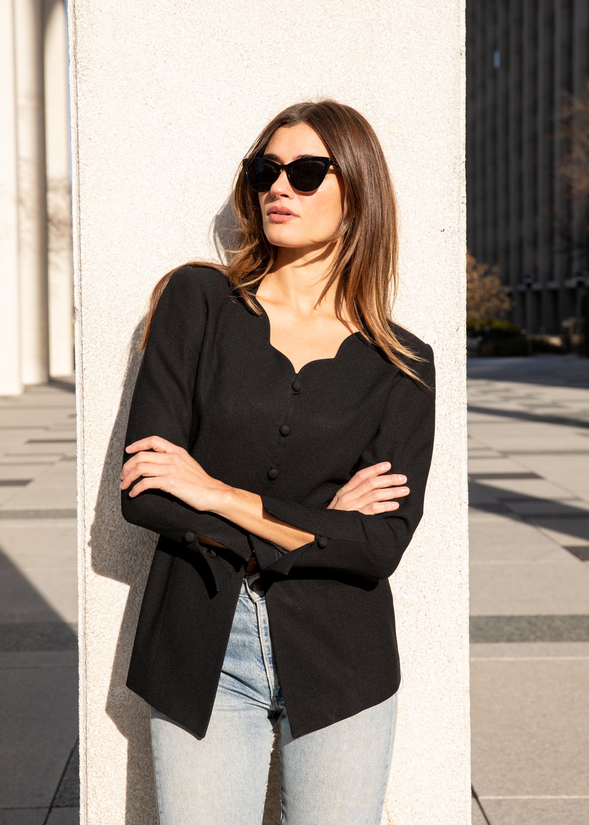 Vintage Scalloped-Neck Black Blazer