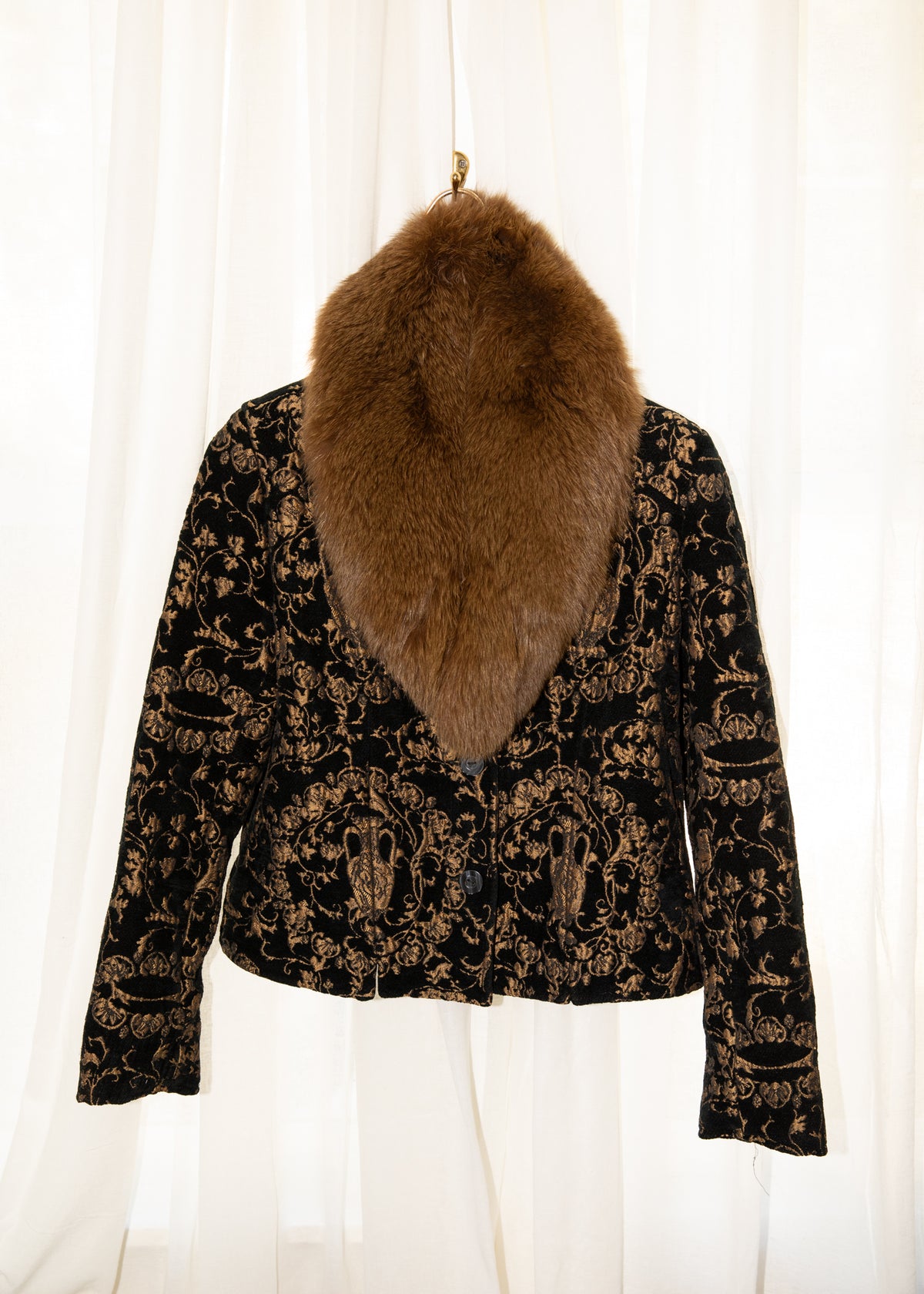 Vintage Black & Gold Brocade Jacket with Fox Fur Collar