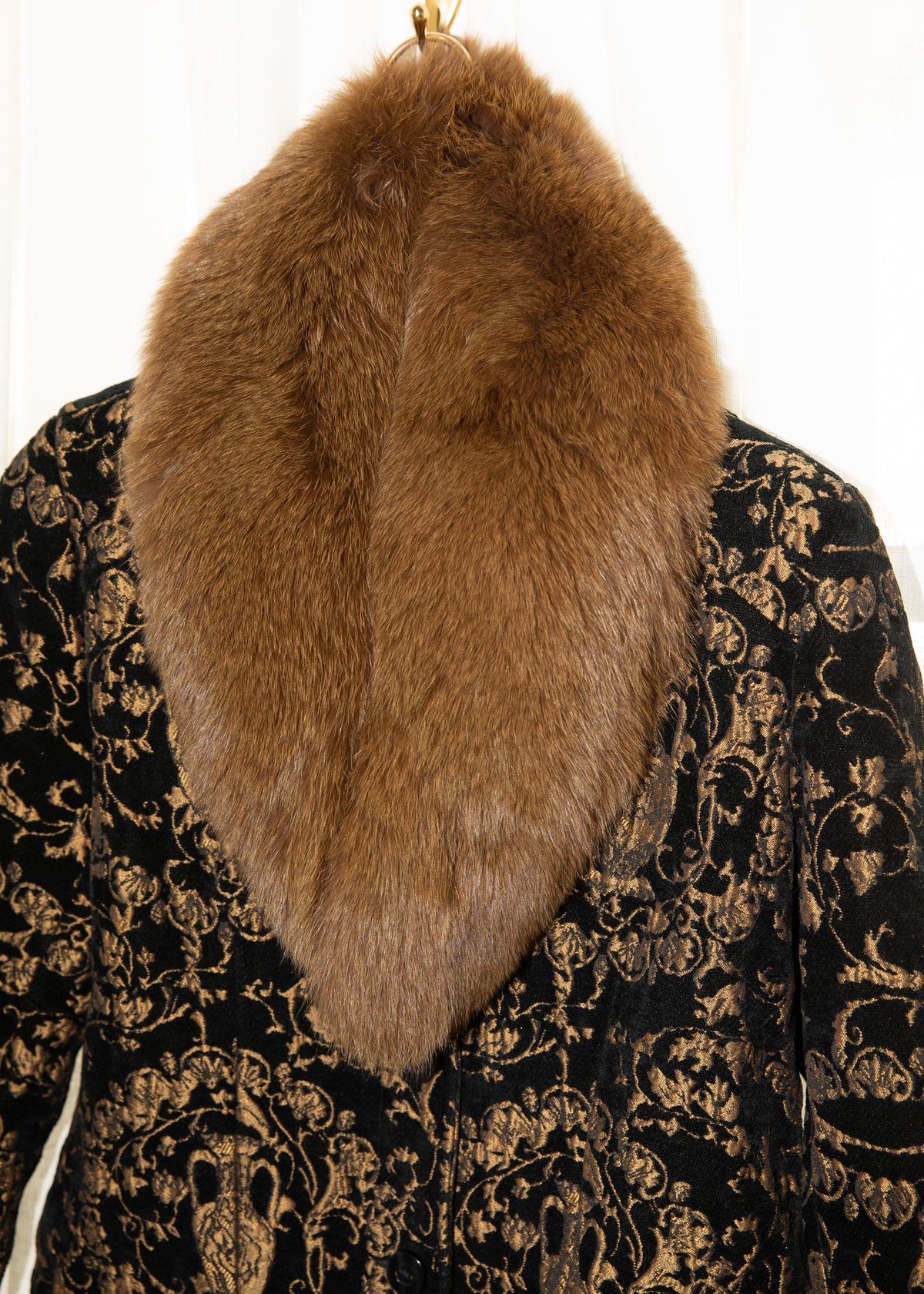 Vintage Black & Gold Brocade Jacket with Fox Fur Collar