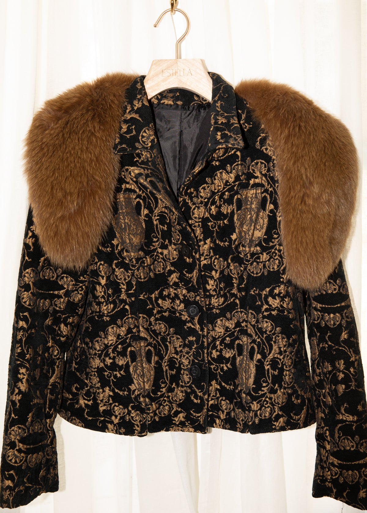 Vintage Black & Gold Brocade Jacket with Fox Fur Collar