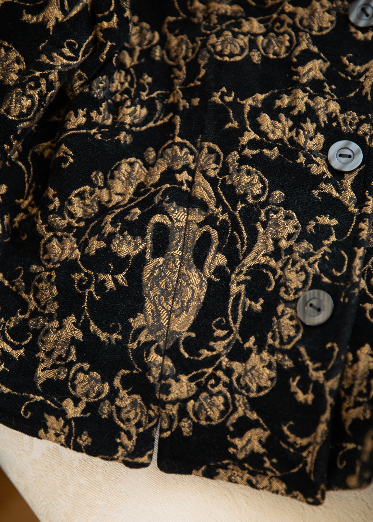 Vintage Black & Gold Brocade Jacket with Fox Fur Collar