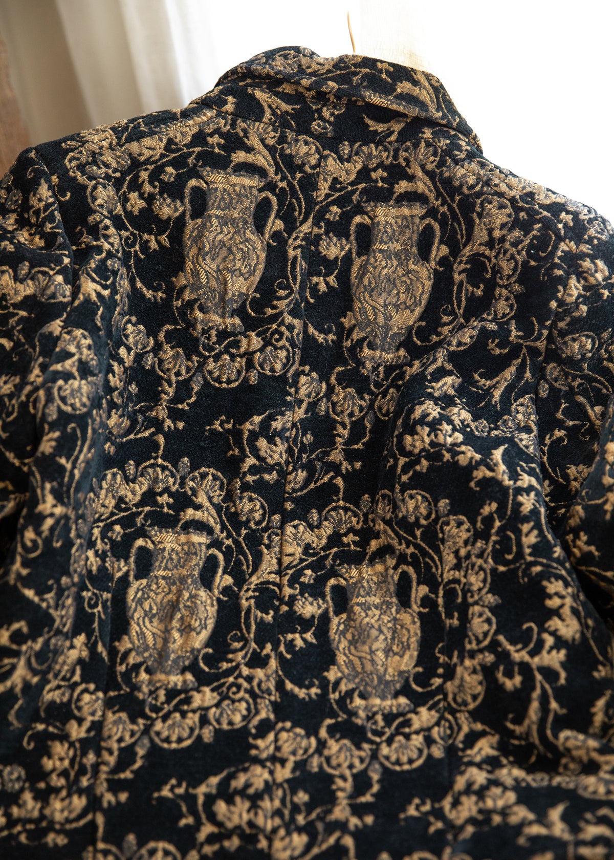 Vintage Black & Gold Brocade Jacket with Fox Fur Collar