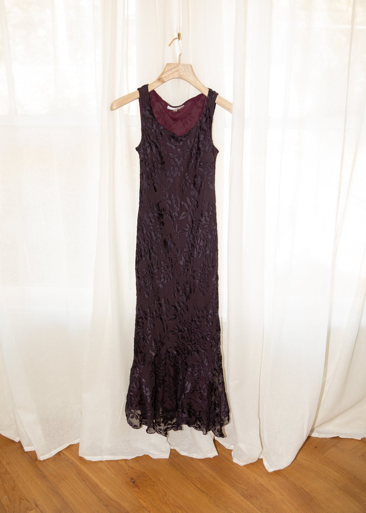 Vintage Plum Silk Floral Burnout Maxi Dress