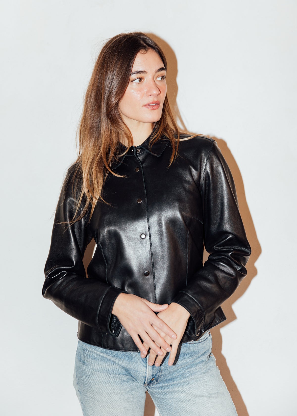 Vintage Snap-Front Leather Shirt Jacket