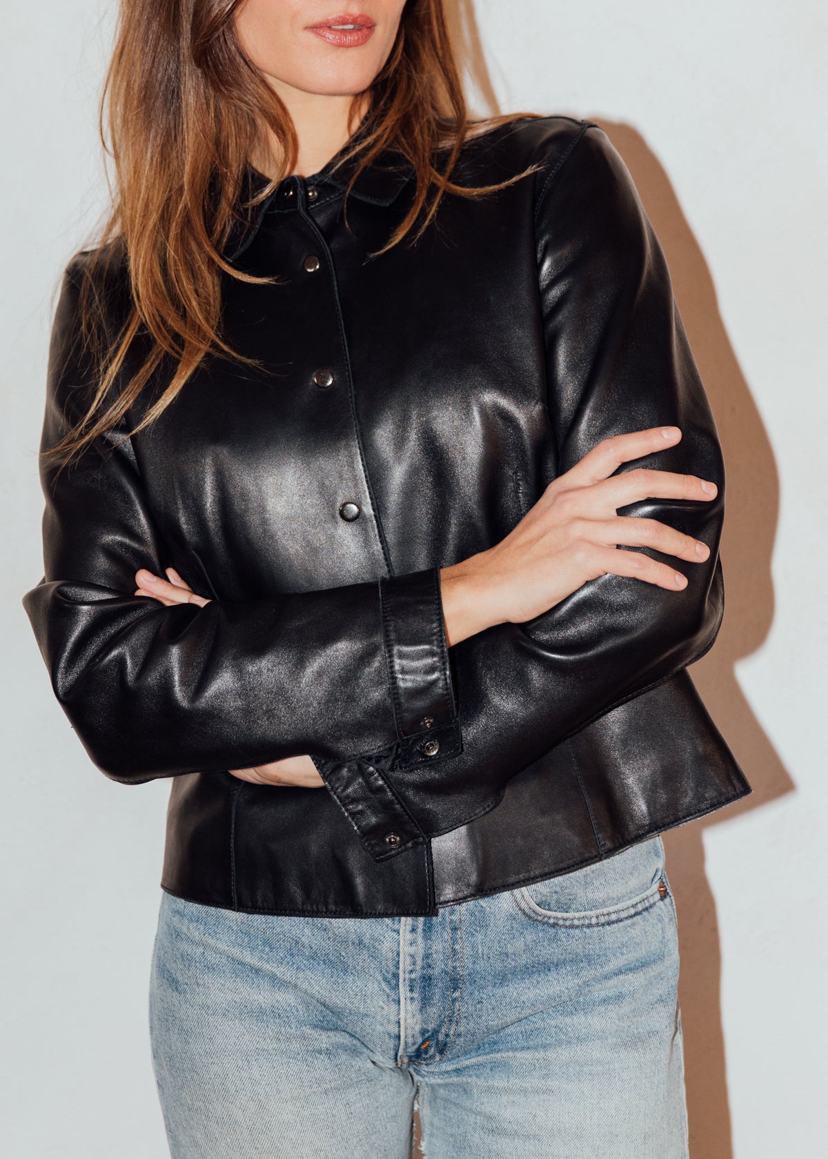 Vintage Snap-Front Leather Shirt Jacket