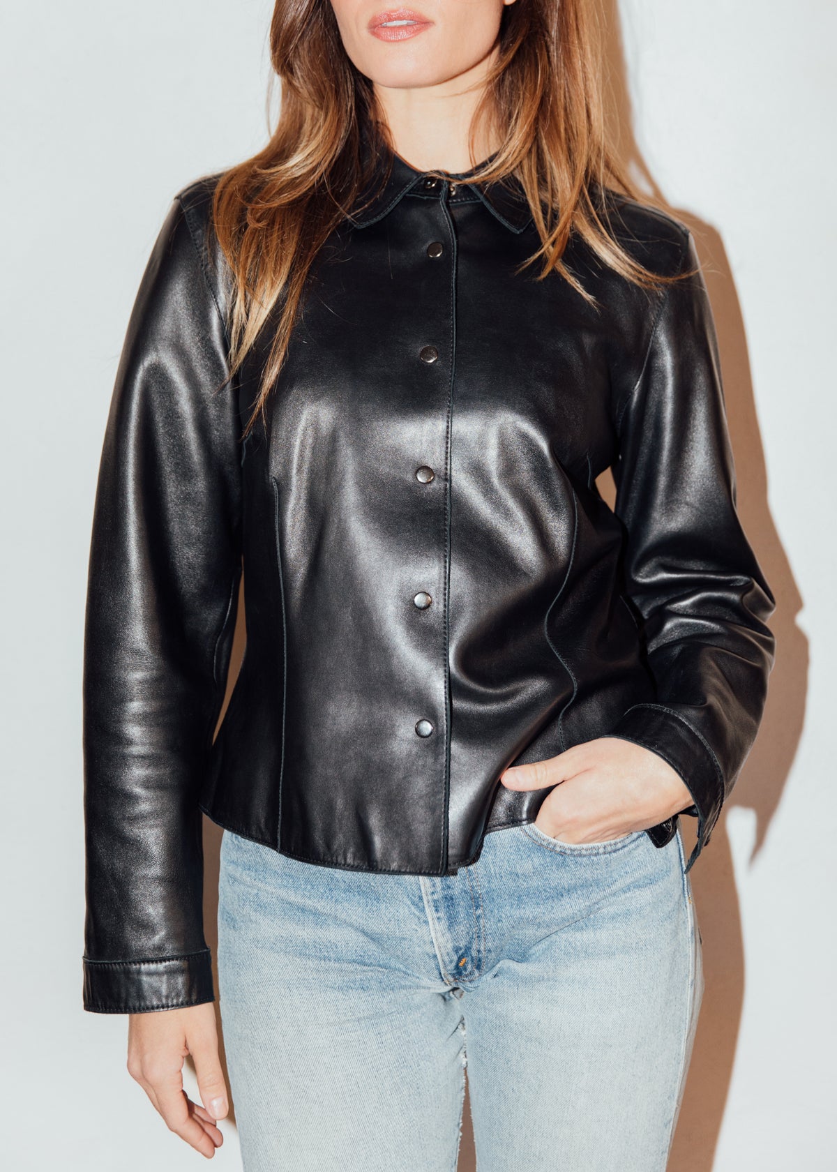 Vintage Snap-Front Leather Shirt Jacket