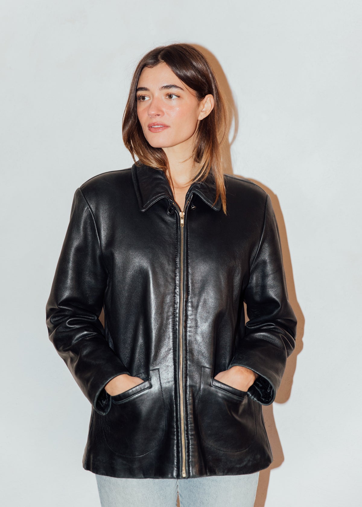 Vintage Black Leather Jacket with Side Buckles